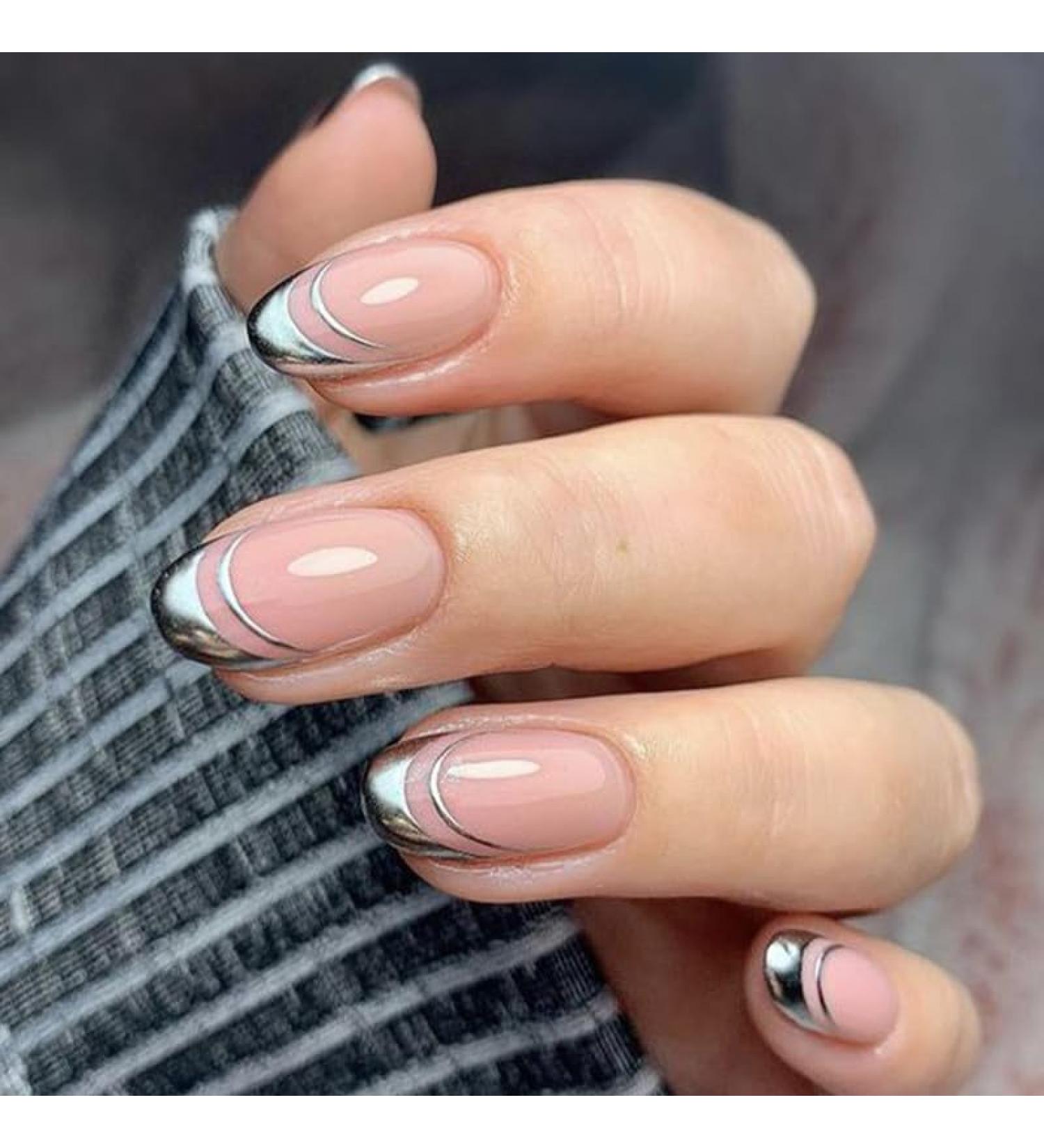 24Pcs Press on Nails Short French Tips Fake Nails Acrylic Square False Nails Summer Reusable Artificial Silver Almond Nails for Women and Girls - Buy Online on GoSupps.com