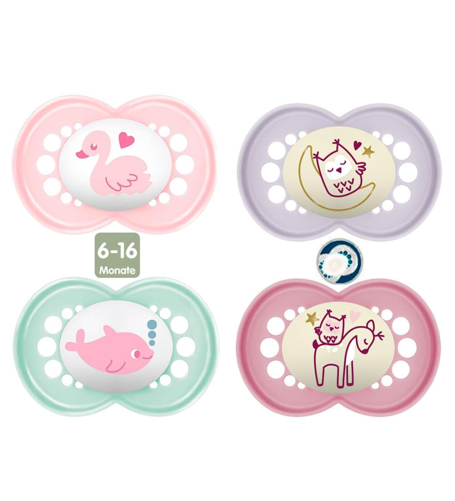 MAM Day & Night Original Girls Silicone Pacifiers 6-16 Months - Set of 4 with Sterilized Transport Boxes - International Shipping Available - Buy Online on GoSupps.com