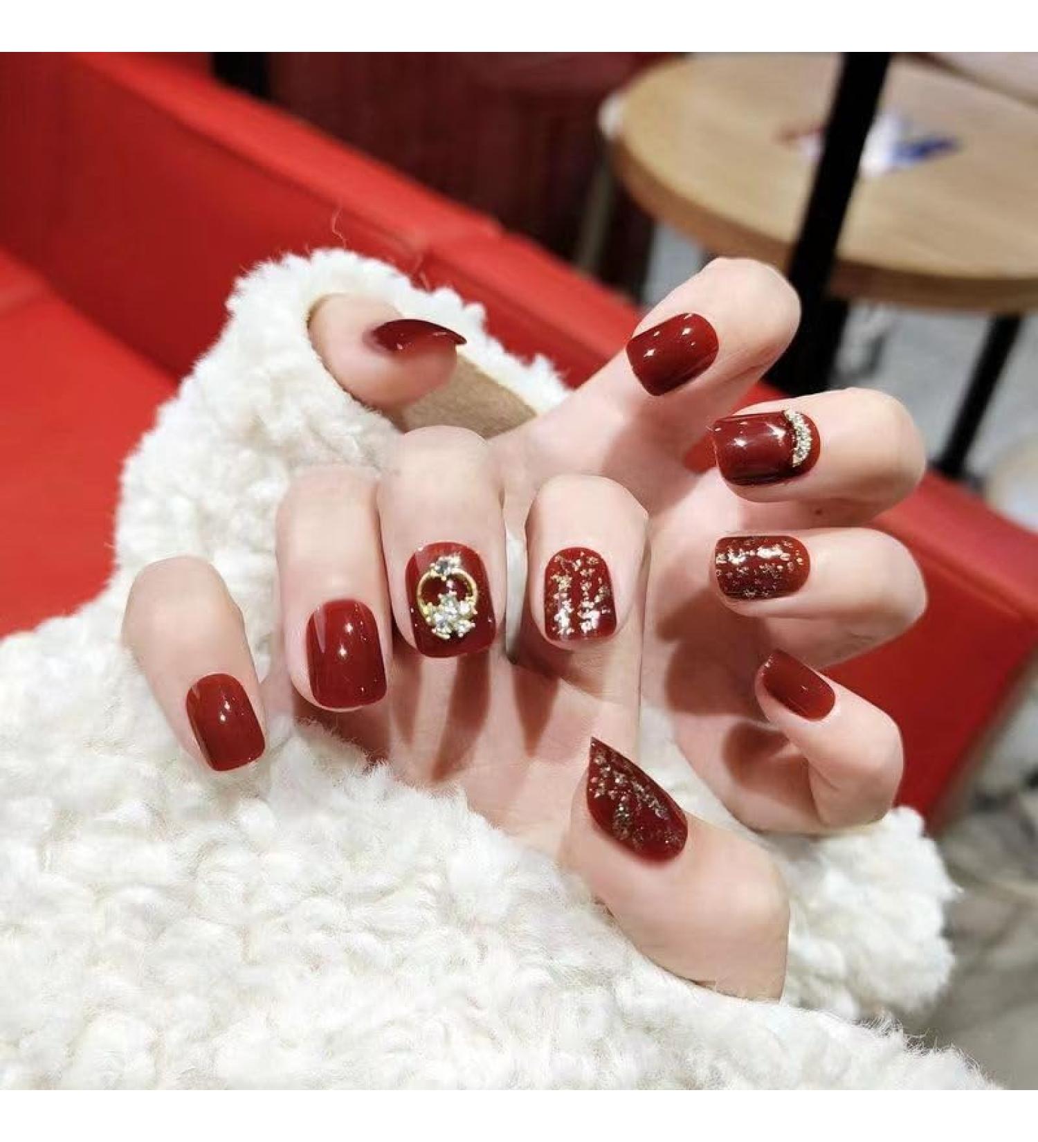 Temperament Enhancement Nail Patch Hand-Made Nail Patch Finished Product Wearable Fake Nails Brown-red Diamond-Encrusted Glitter Nail Patch Detachable Wearable Nail (10-Piece Pack) (Size : L) - Buy Online on GoSupps.com