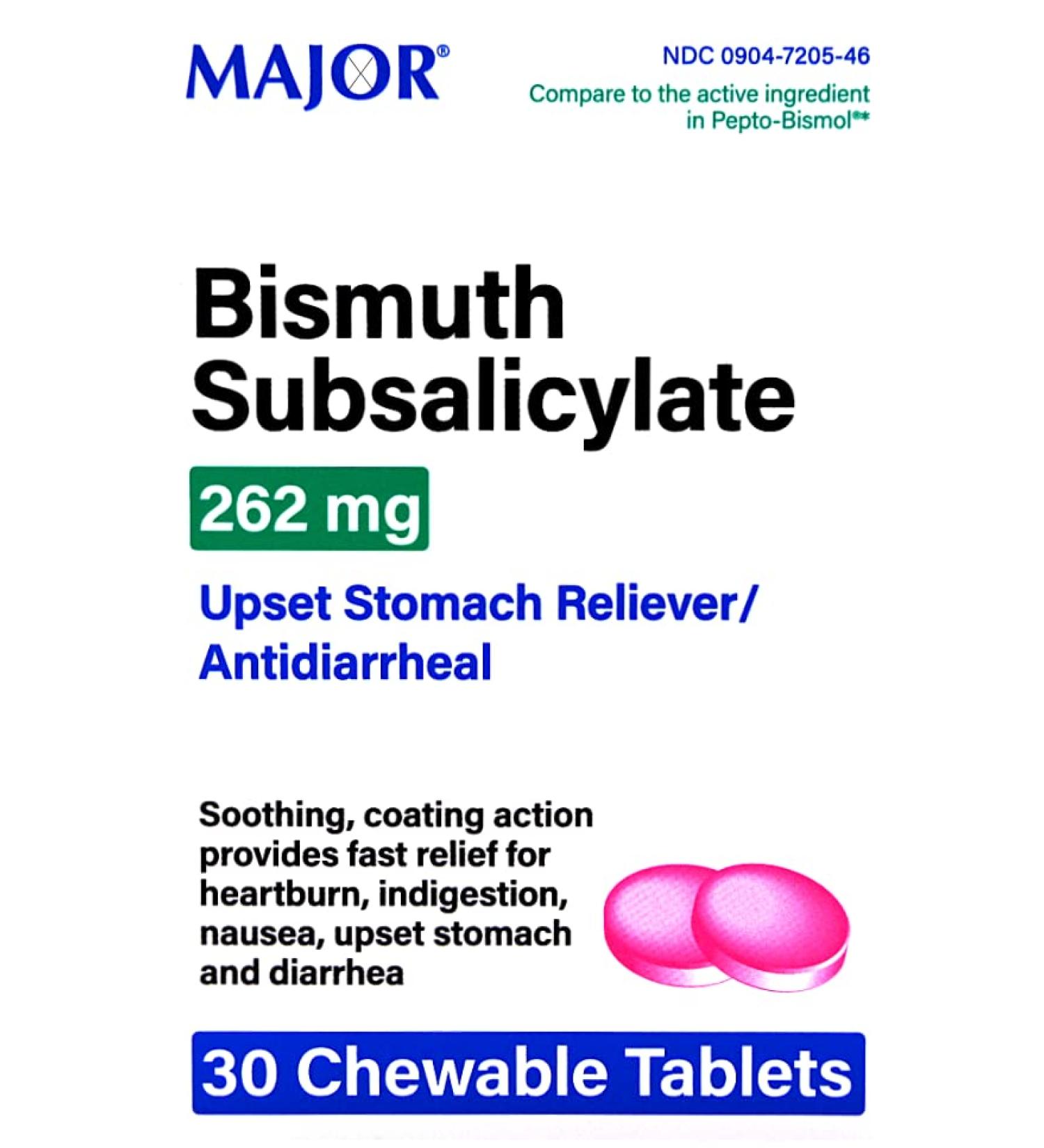 Major Bismuth Subsalicylate 262 mg Upset Stomach Reliever/Antidiarrheal - 30 Chewable Tablets