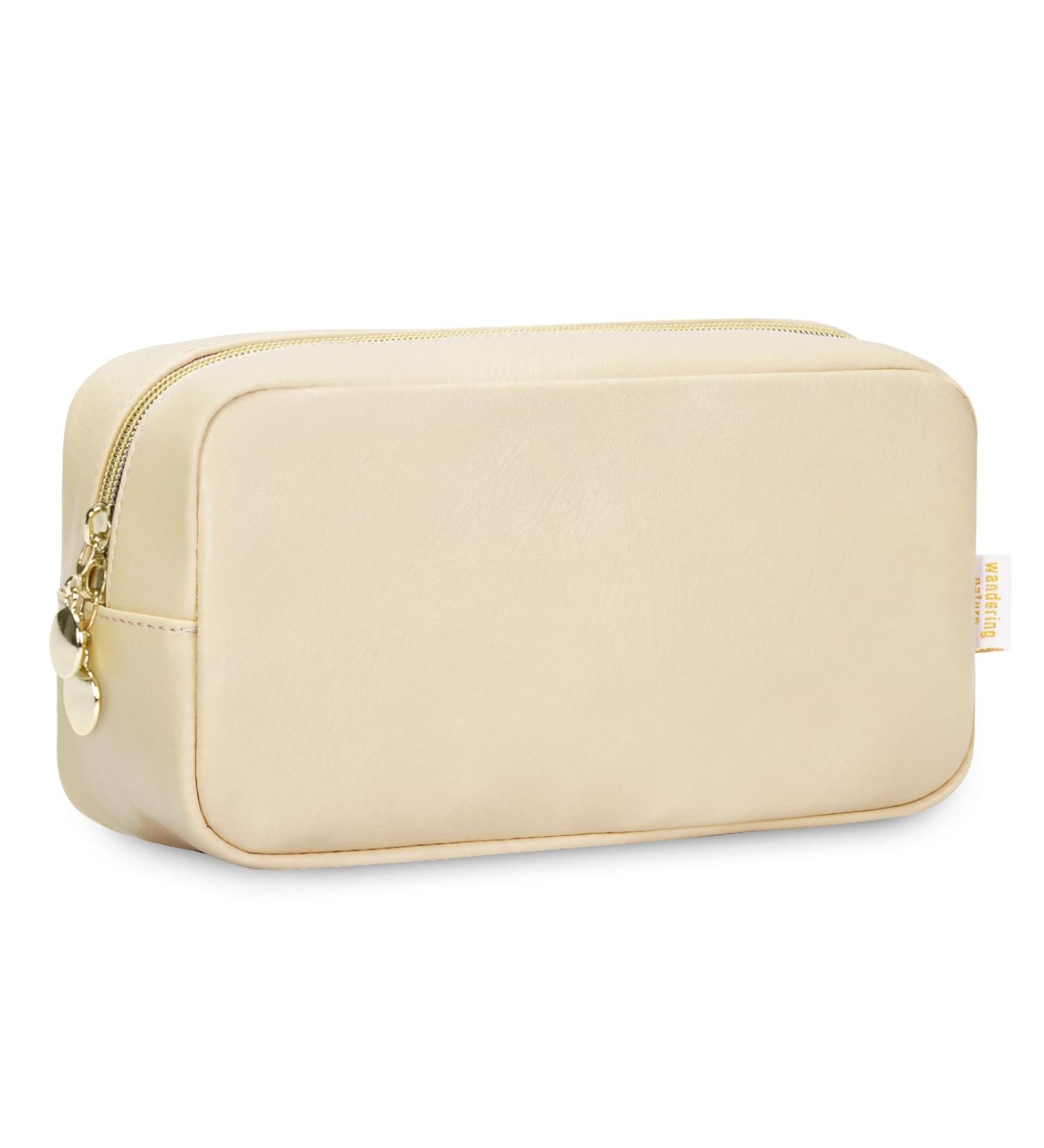 Wandering Nature Small Makeup Bag for Women | Eco Vegan Leather | Beige | Travel Cosmetic Pouch with Slip-in Pockets - Buy Online on GoSupps.com