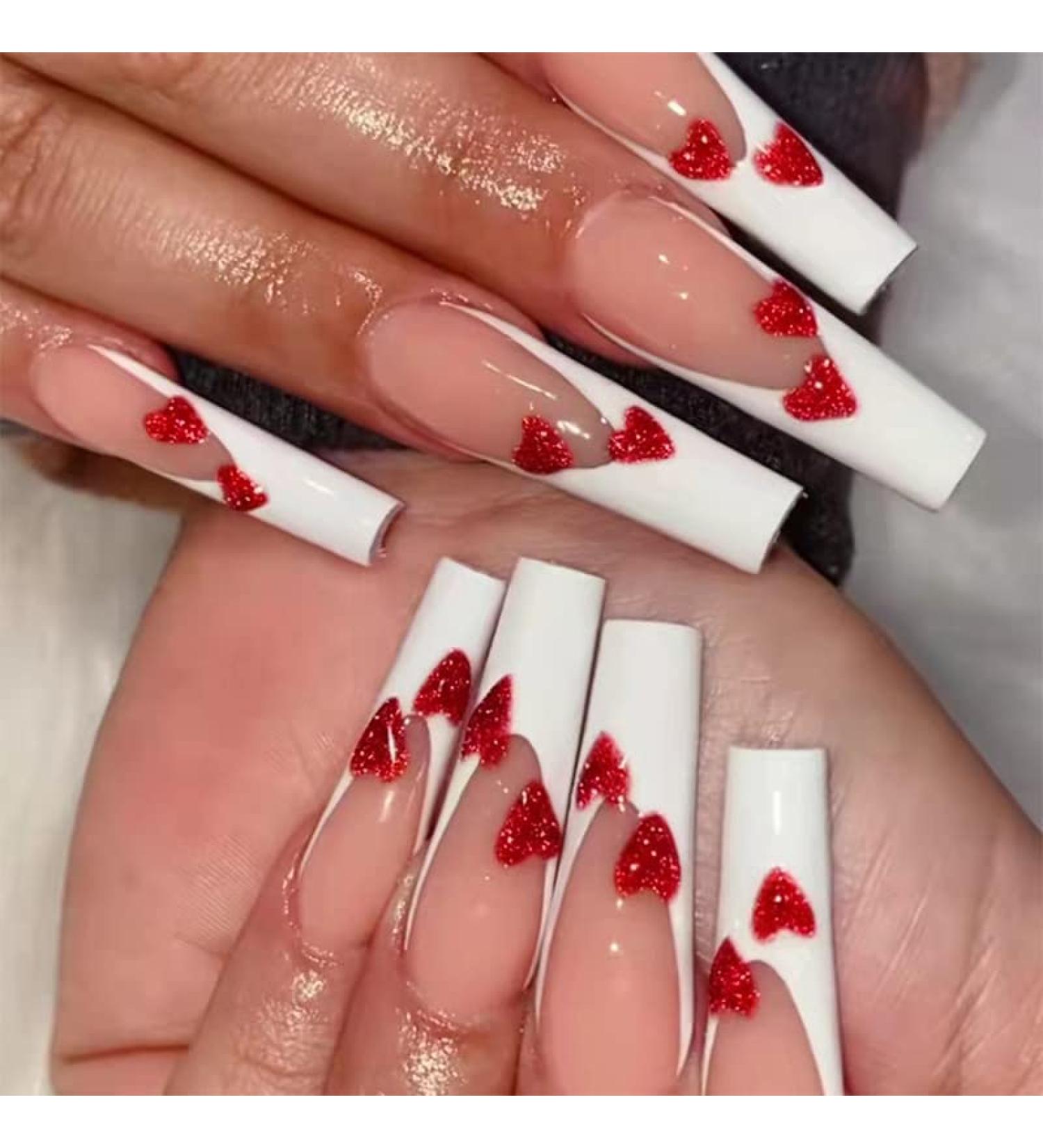 MENILITHS 24Pcs Long Ballet Nails Wine Red Heart Shining False Nails Sticker False Nails Acrylic Fake Nails Full Cover Nails Tips Artificial Finger Manicure for Women and Girls - Buy Online on GoSupps.com
