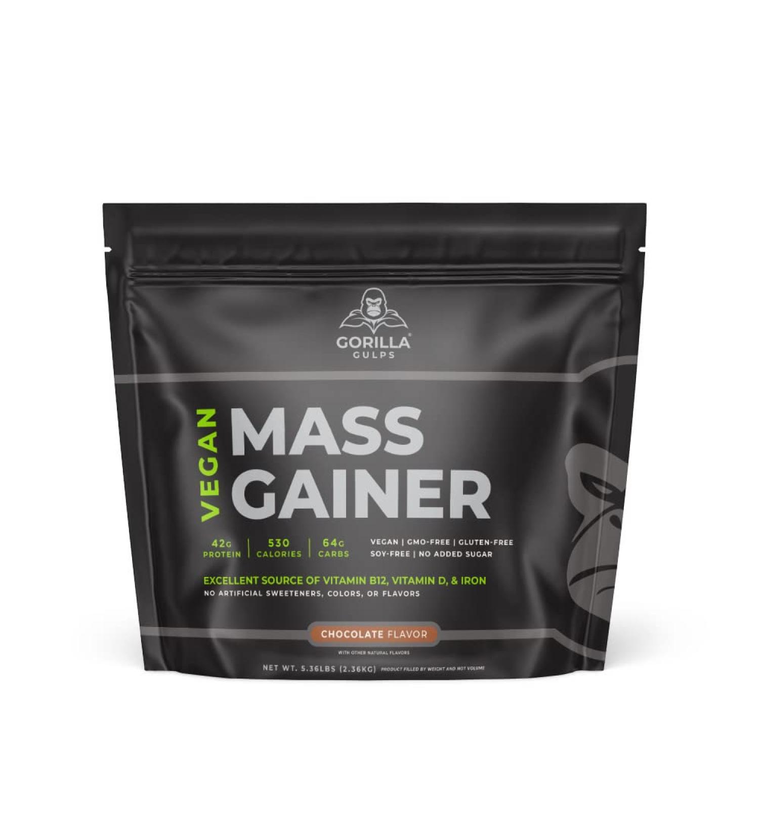 Gorilla Gulps Chocolate Vegan Mass Gainer 5 lb Natural High Calorie Protein Powder: GMO Gluten & Soy Free. No Artificial Ingredients Vitamin B12 + D3 & Iron 530 Calories 18 Servings Chocolate 5.19 Pound (Pack o  - Buy Online on GoSupps.com