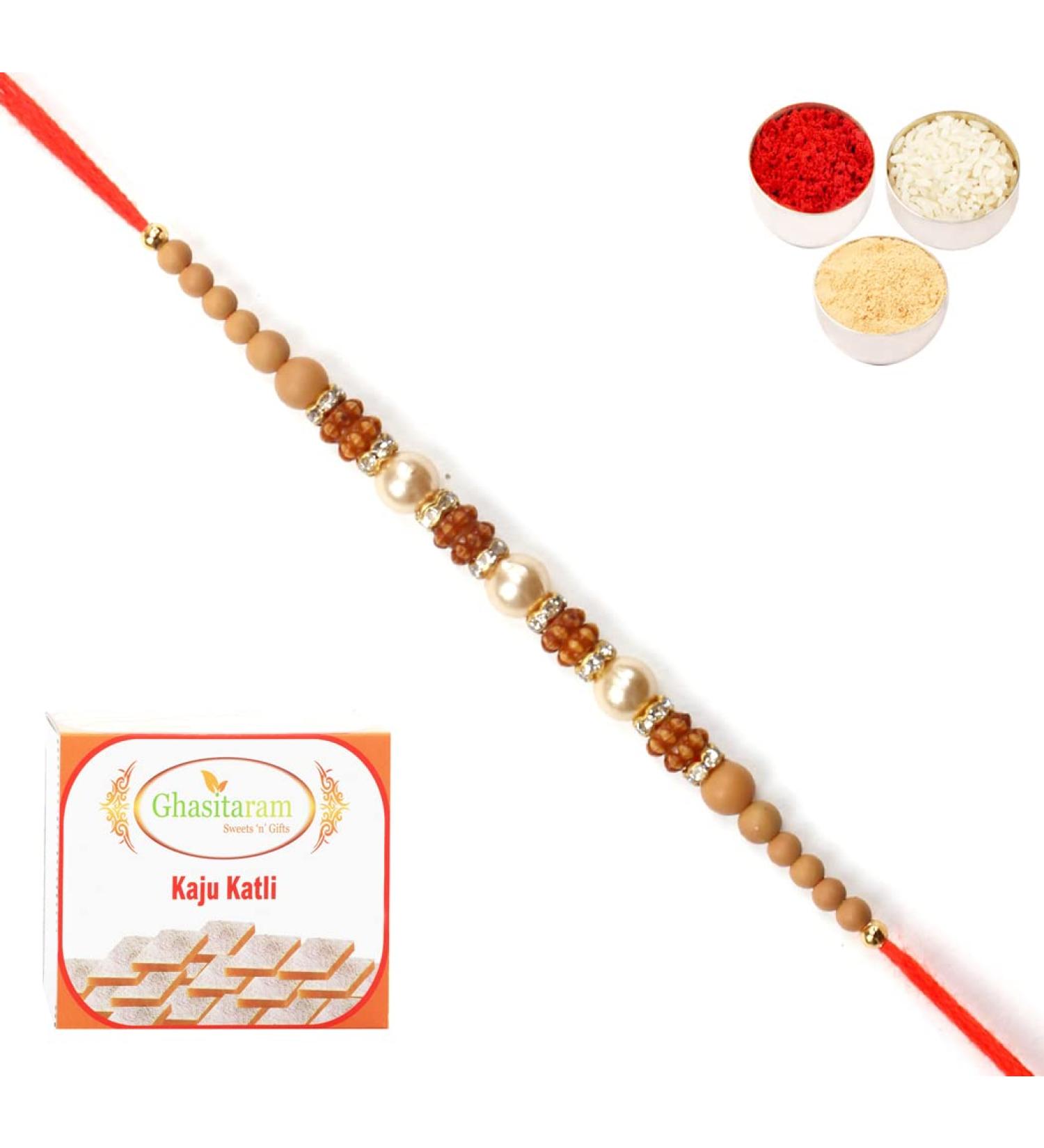 Ghasitaram Gifts Rakhi for Brother Rakhis Online -6299 Pearl Rakhi for My Brother with 200 GMS of Kaju katli Rakhi with 200 gms of Kaju katli - Buy Online on GoSupps.com