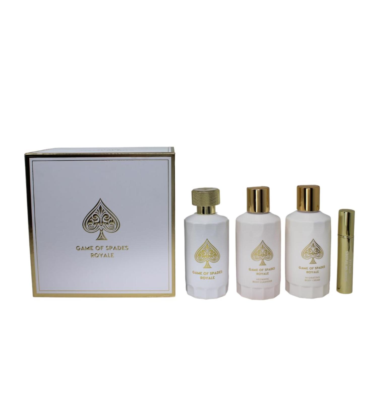 Jo Milano Game of Spades Royale 4-Piece Gift Set Unisex (3.4 Oz Parfum Spray + 6.8 Oz Body Cleanser + 6.8 Oz Body Cream + 0.27 Oz Refillable Atomizer) 4.32 Fl Oz (Pack of 4) - Buy Online on GoSupps.com