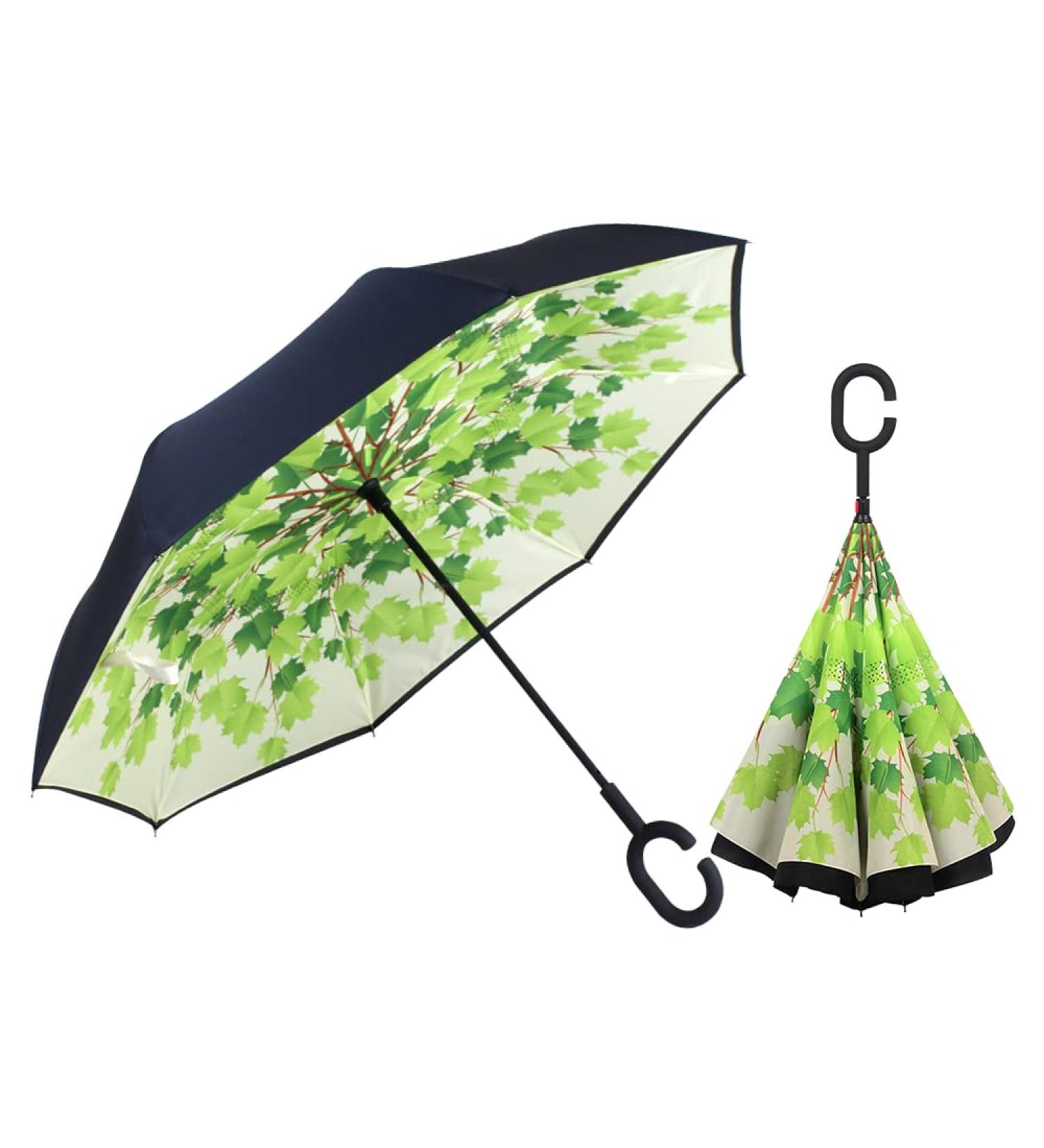 Llanxiry Inverted Reverse Umbrella with C-Shaped Handle - Anti-UV Waterproof Rain Umbrella | Green Leaf Design for Women and Men - Buy Online on GoSupps.com
