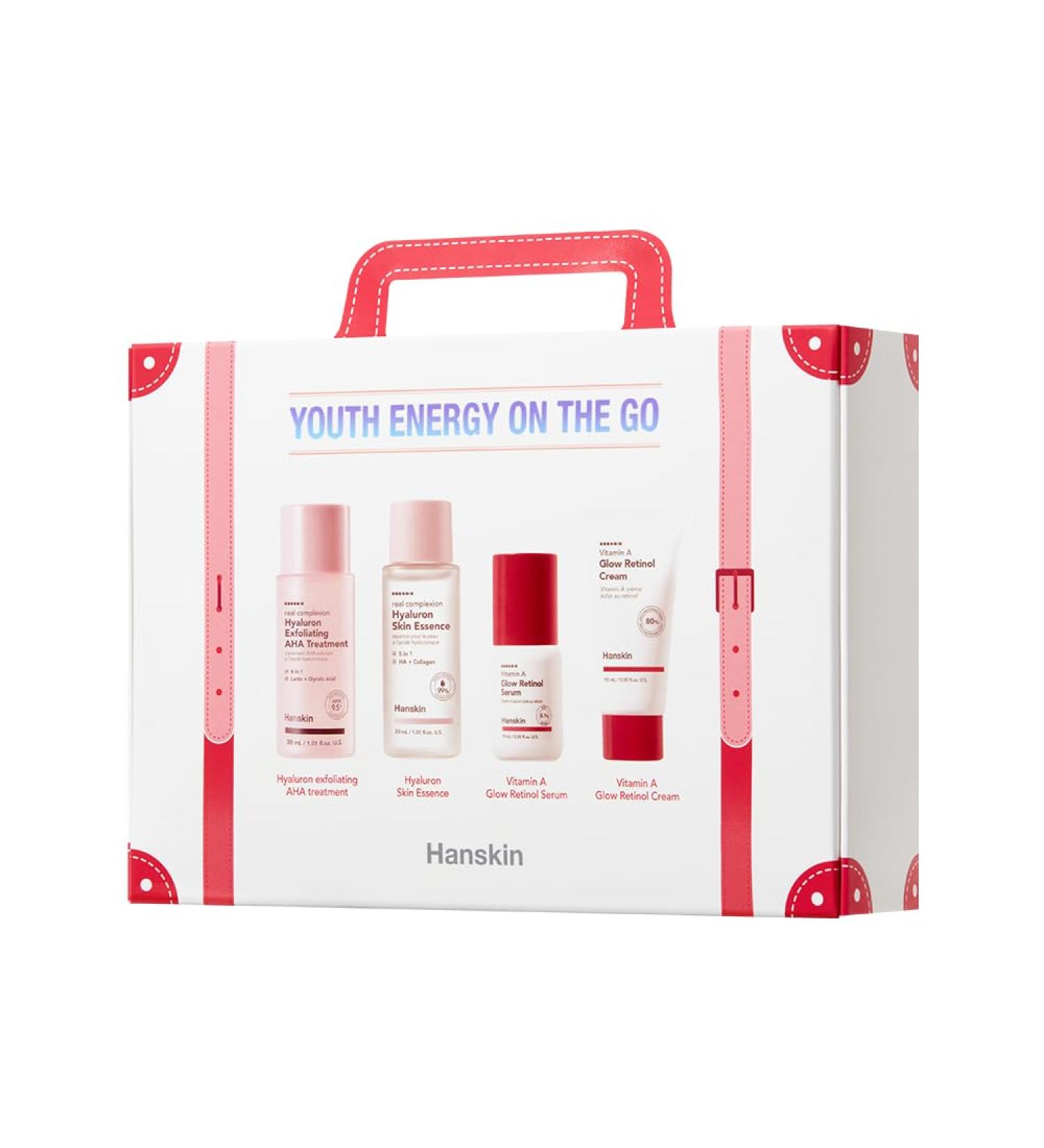 Hanskin Youth Energy On the Go Kit Set of 4 Anti-Aging Essential Travel SkinCare Set for Hydrating & Resurfacing Skin Hyaluron Treatment Skin Essence Retinol Facial Serum Cream Korean Skincare