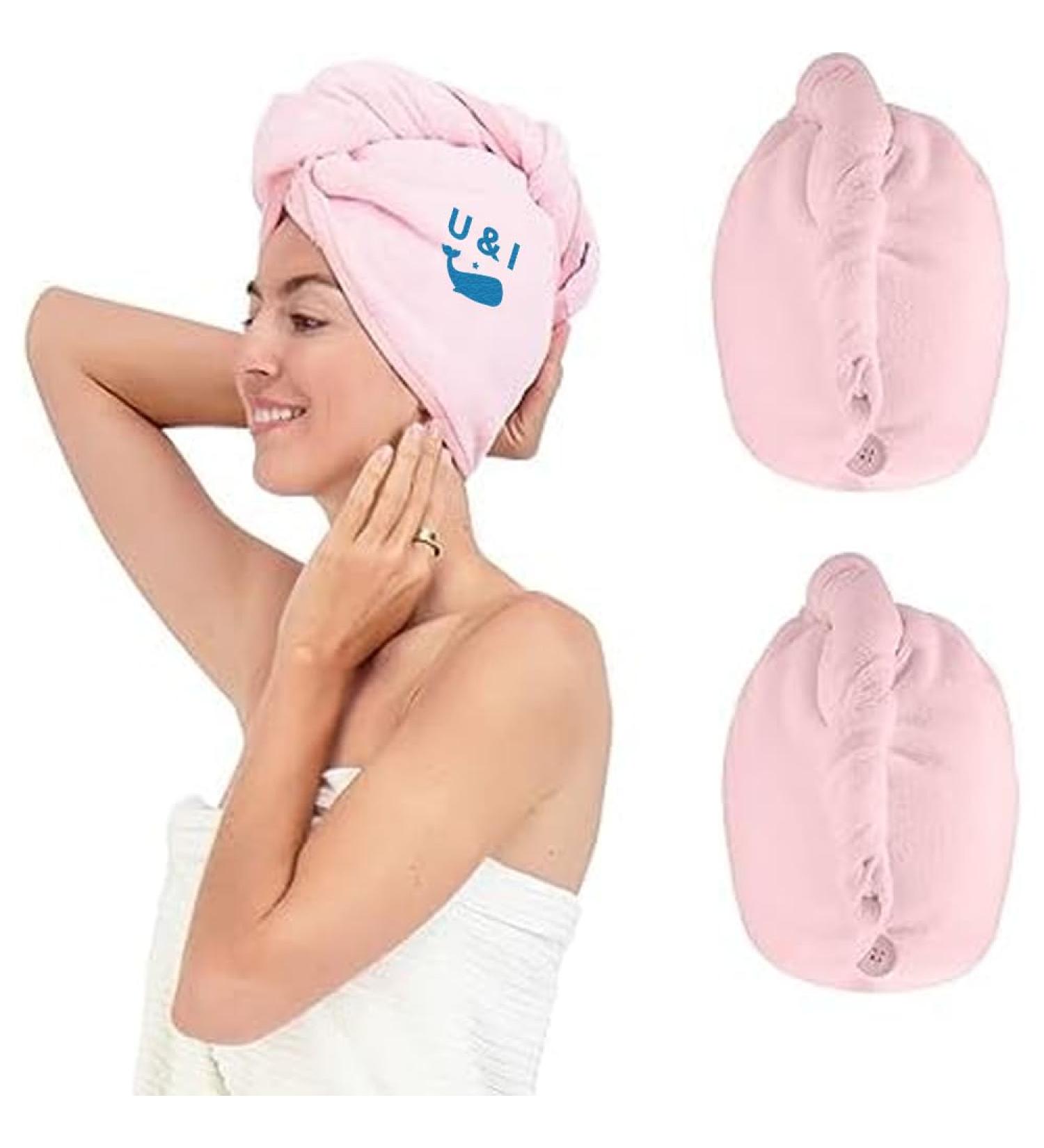 Microfiber Hair Towel Wrap | Super Absorbent Quick Dry Hair Towel for All Hair Types | Anti-Frizz Curly Turban - Pink Whale Design - Buy Online on GoSupps.com