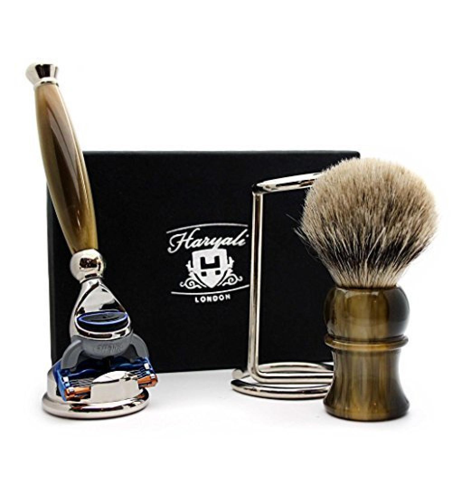 4 Pc Men's Shaving Kit | 5 Edge Razor Badger Hair Brush & Stainless Steel Stand - Perfect Gift for Men - Buy Online on GoSupps.com