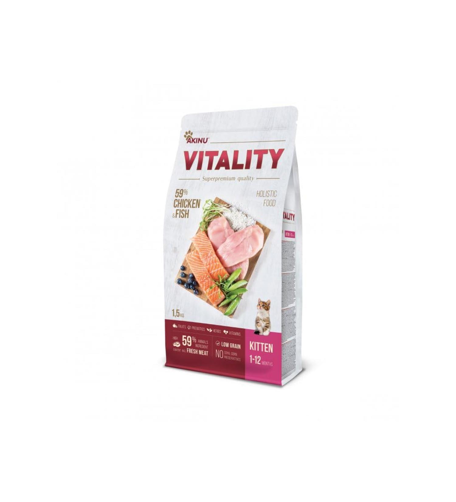 Akinu Vitality Premium Holistic Cat Food for Kittens, Chicken & Fish - Grain Free - For Healthy Growth & Strong Immunity - 1.5kg