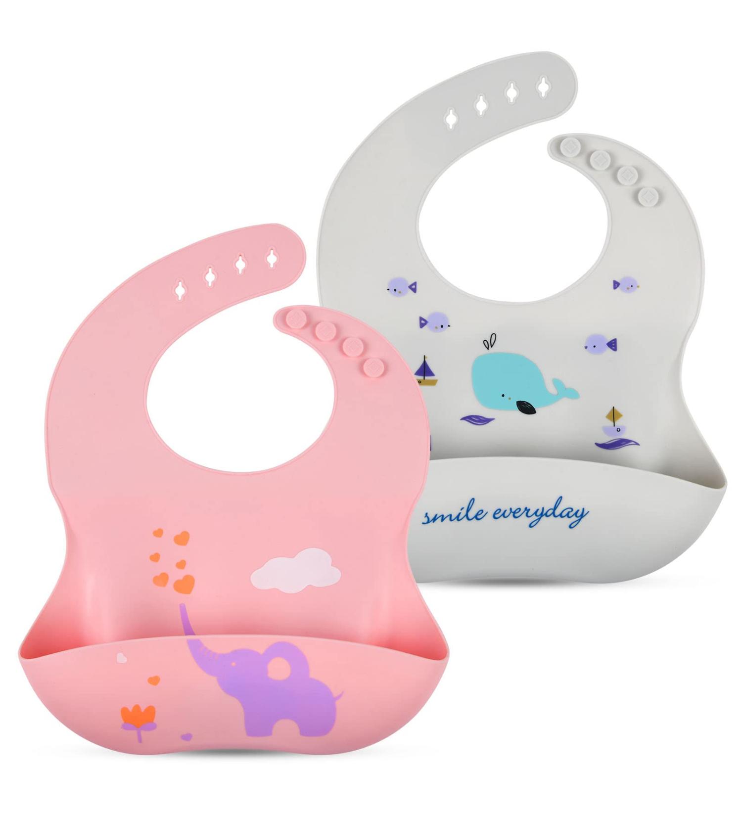 Vicloon Silicone Baby Bib 2PCS Baby Weaning Bibs Waterproof Baby Feeding Bibs Adjustable with Wide Food Catcher Pocket Unisex Toddler Bibs (Pink-Grey) - Buy Online on GoSupps.com
