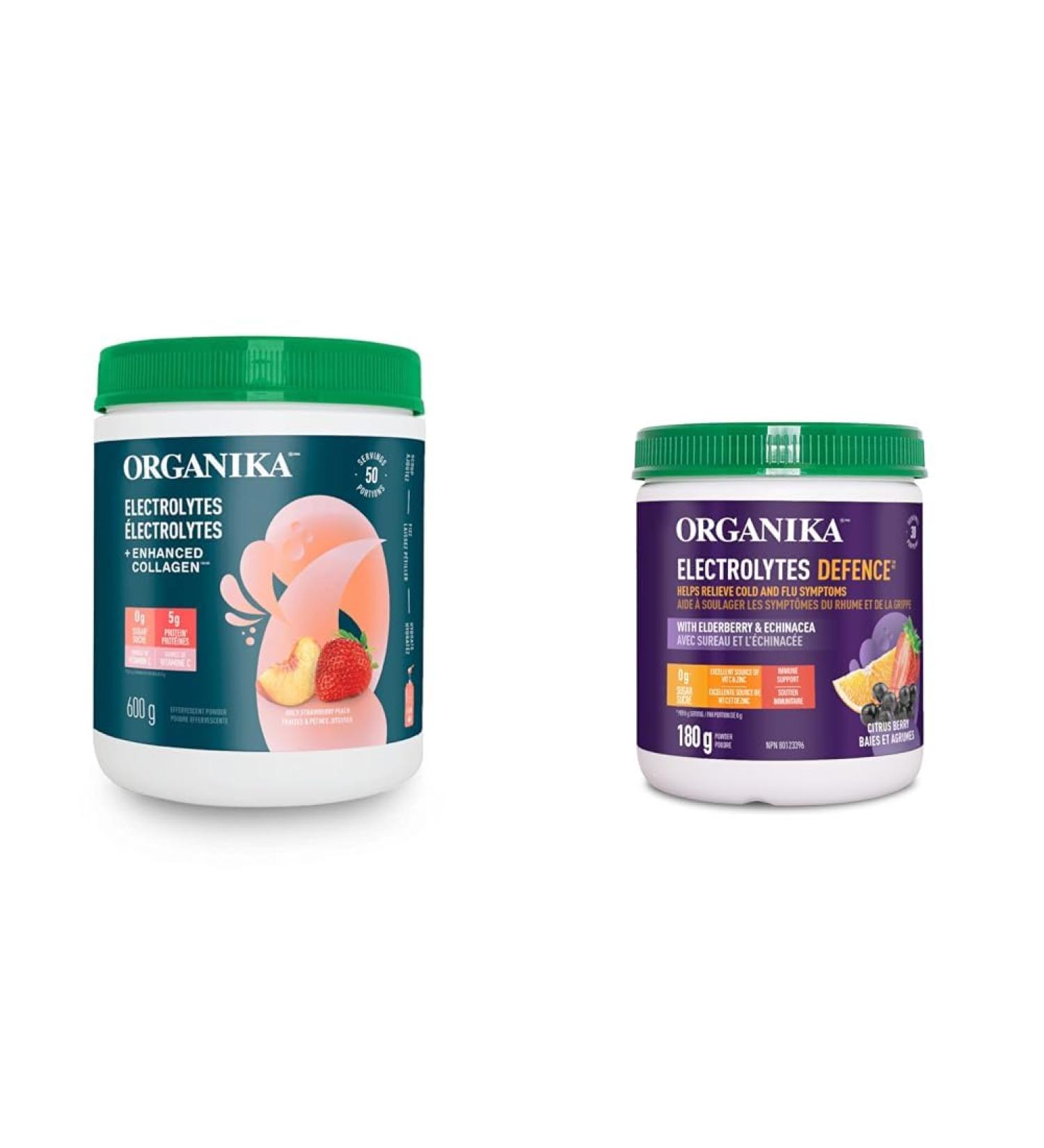 Organika Electrolytes + Enhanced Collagen - Strawberry Peach - Hydration + Protein 600 gram & Electrolytes Defence with Elderberry and Echinacea- Citrus Berry - Immune System Support - Buy Online on GoSupps.com