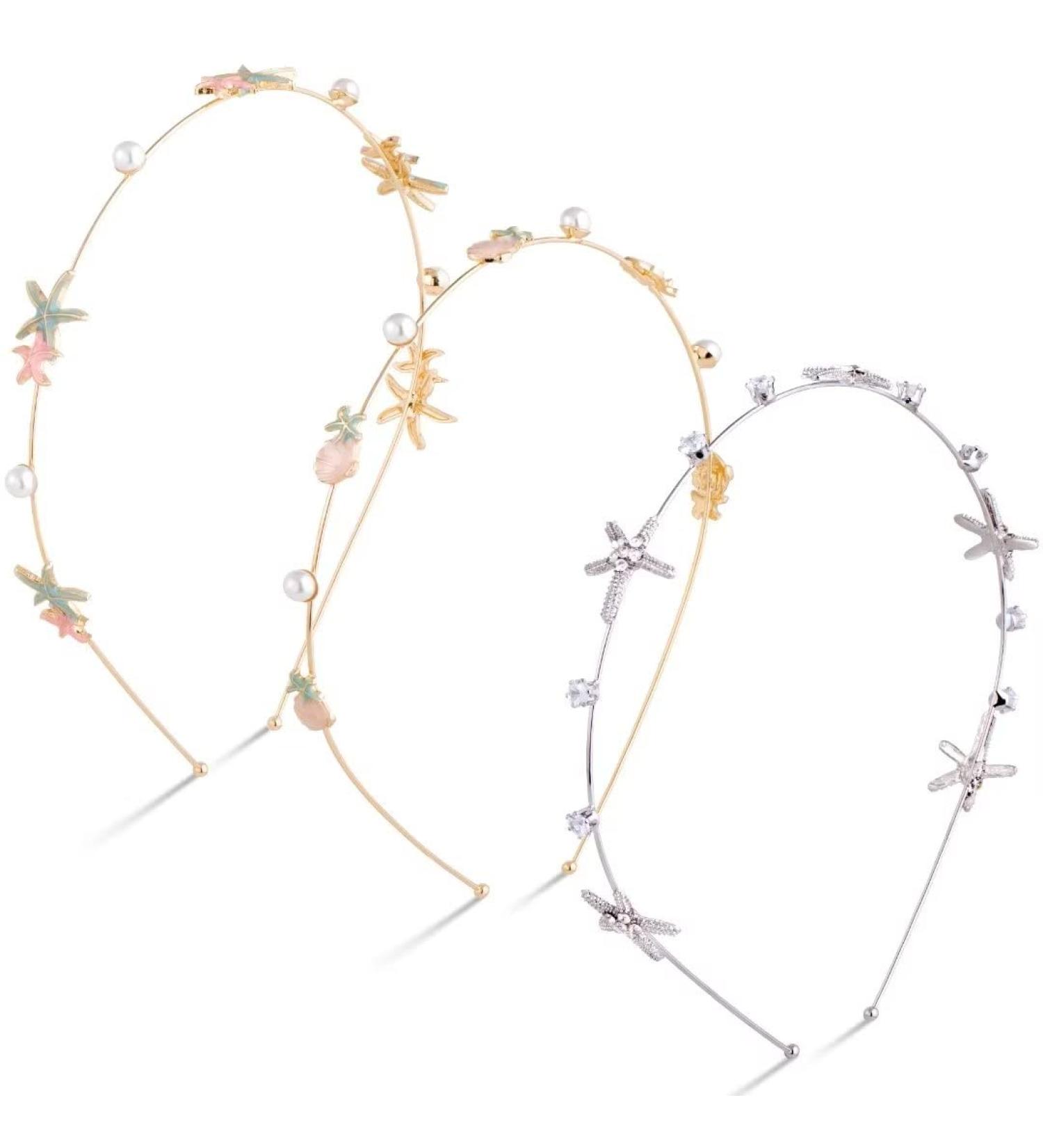 HINZIC Rhinestone Starfish Headbands - Handmade Pearl Seashell Mermaid Hair Hoops for Beach Wedding - Bridal Headpiece Vine Tiara - Silver & Gold - Buy Online on GoSupps.com