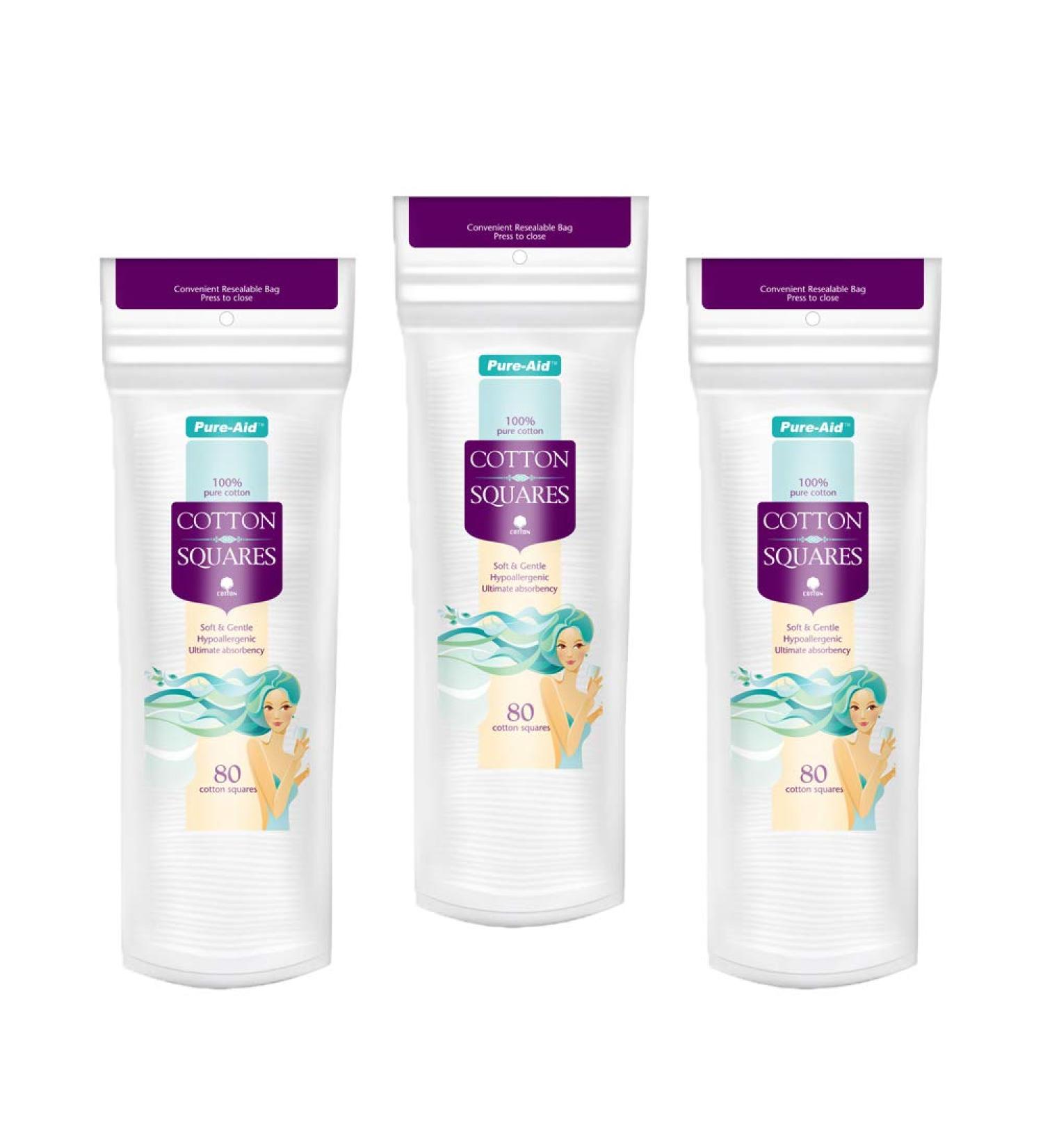 Pure-Aid 100% Pure Cotton Squares | Soft & Gentle Hypoallergenic Pads | 80 Count x 3 Pack | for Beauty, Baby, & Home Use - Buy Online on GoSupps.com