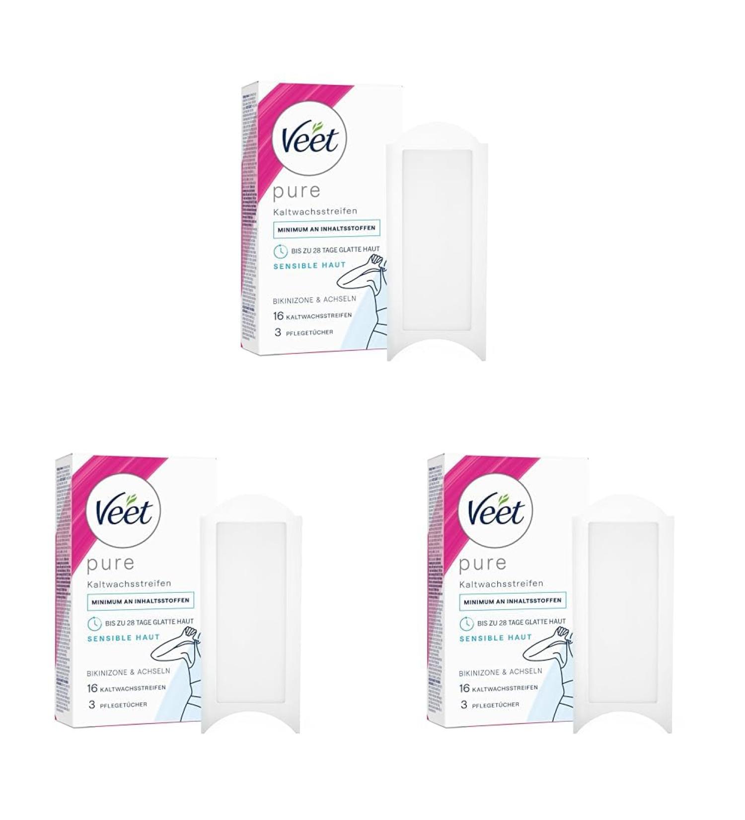 Veet Pure Cold Wax Strips for Bikini & Armpits | Sensitive Skin Hair Removal | 28 Days Smooth Skin | 16 Strips (3 Pack) - Buy Online on GoSupps.com