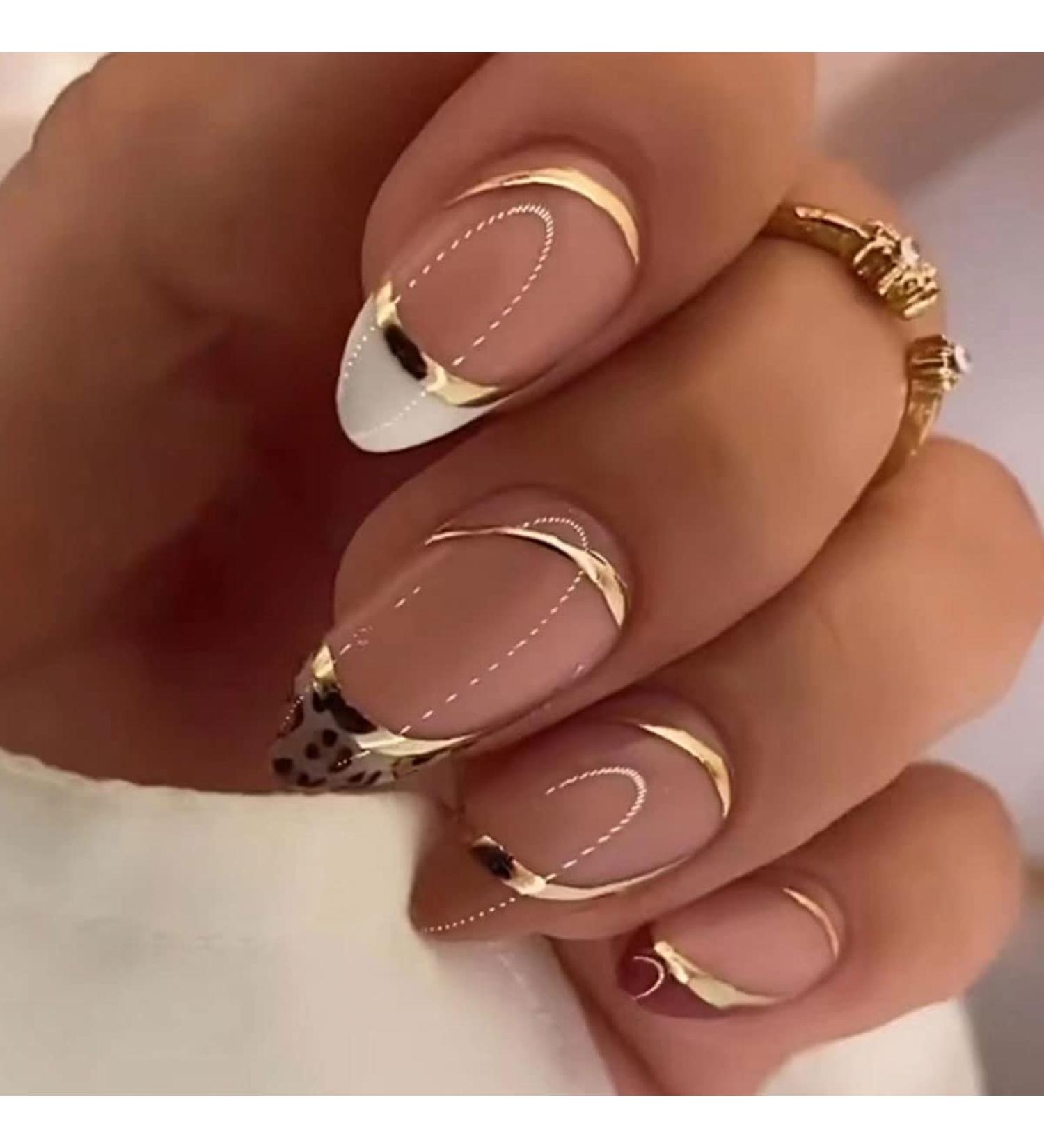 24 Pcs Almond French Tip Press on Nails with Gold Line Stripes and Leopard Designs - Glossy False Nails for Women and Girls - Buy Online on GoSupps.com