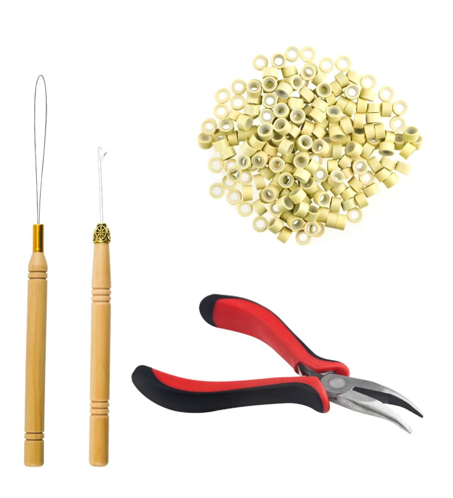 XINMEIWEN Hair Extension Kit with Pulling Hook Bead Device Tool & 200 Silicone Lined Micro Rings - Professional Styling Accessory (Beige) - Buy Online on GoSupps.com