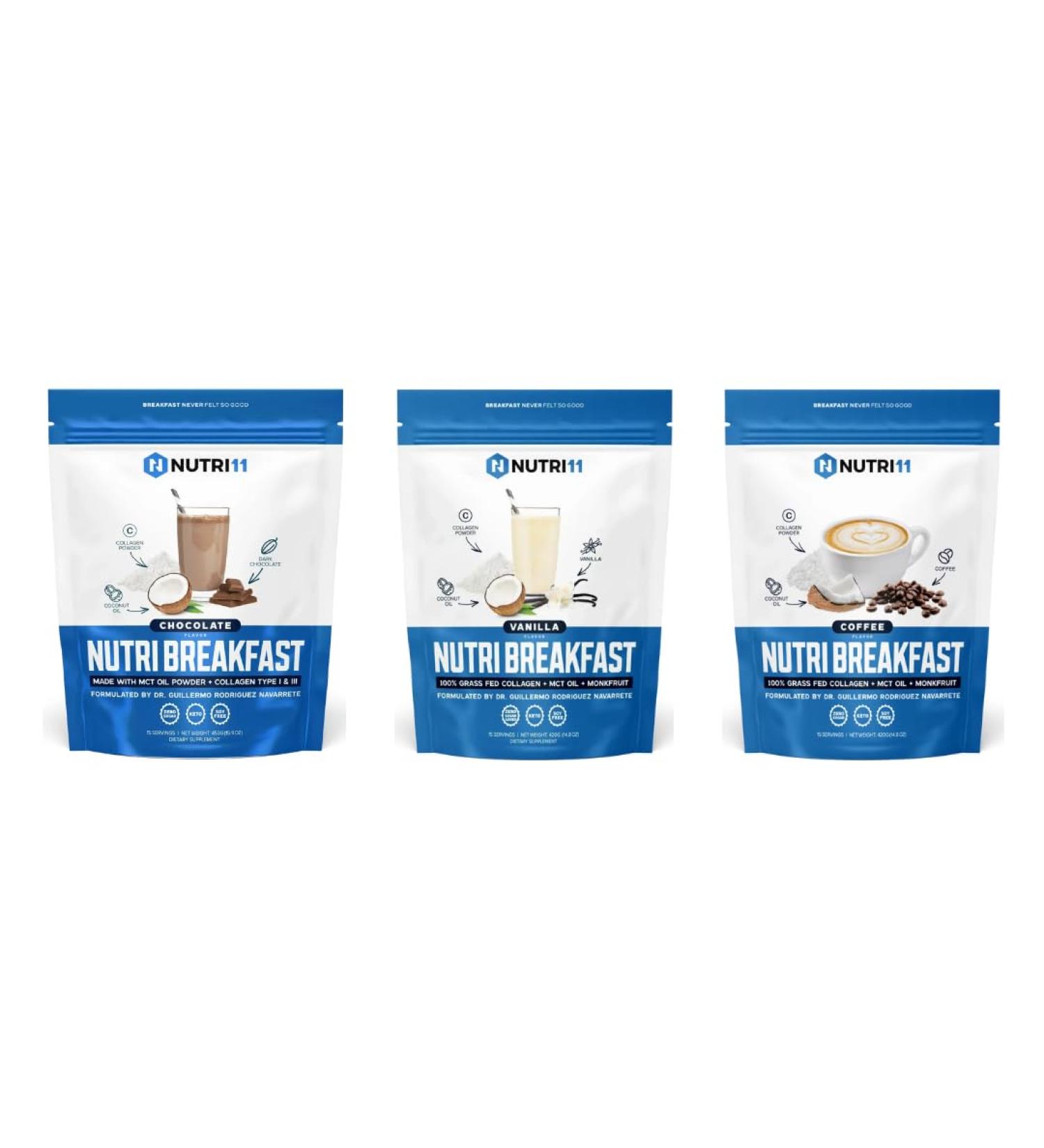 NutriBreakfast by Nutrillermo | Keto Collagen Protein Powder Bundle Chocolate Vanilla & Coffee | Grass-Fed Collagen with MCT Oil & Coconut Creamer | Energy Focus & Wellness Support - Buy Online on GoSupps.com