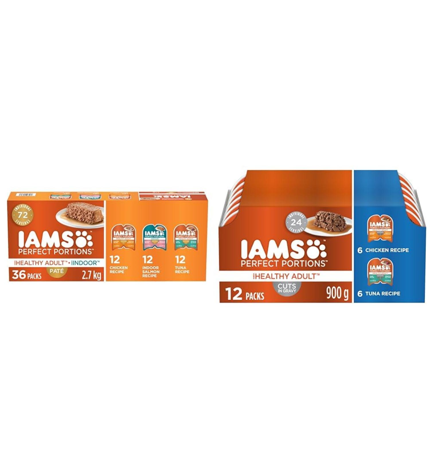 IAMS PERFECT PORTIONS Healthy Adult Wet Cat Food Pat and Cuts in Gravy Variety Bundle | Chicken Tuna Indoor Salmon and Chicken + Tuna Cuts Cat Food + Chicken and Tuna 12CT - Buy Online on GoSupps.com