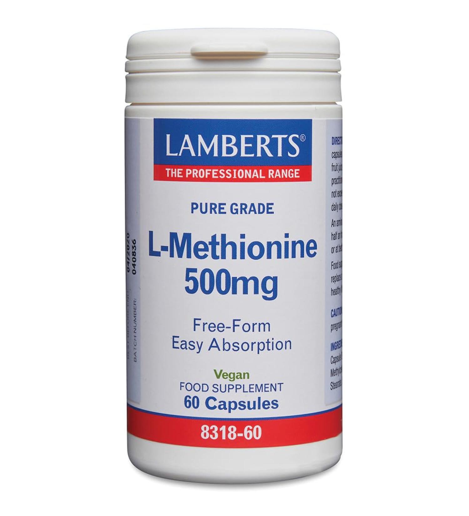 Lamberts LMETIONINA 500 mg 60 caps is a comprehensive supplement offered in convenient capsule form 60 units Paquete de 1 - Buy Online on GoSupps.com