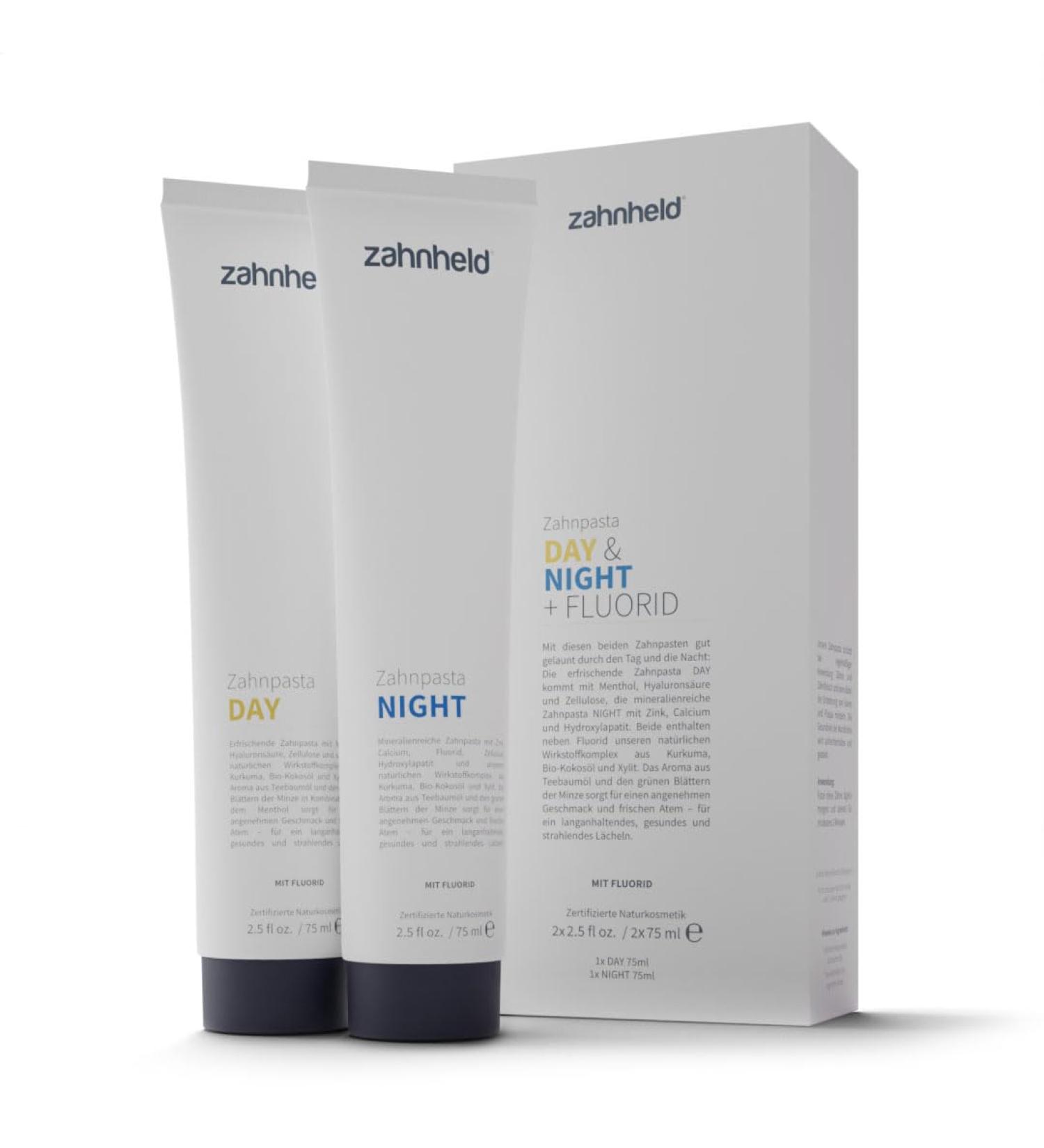 Zahnheld Day & Night Toothpaste with Fluoride | 2 x 75 ml Mint Flavor | 6-Fold Active Natural Ingredients | Daily Dental Care  - Buy Online on GoSupps.com