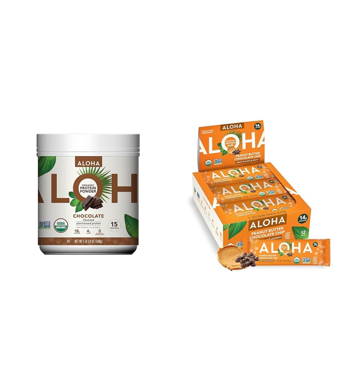 ALOHA Organic Plant-Based Protein Powder Chocolate 19.6 oz 15 Servings and Protein Bars |Peanut Butter Chocolate Chip | 1.98 Oz (Pack of 12) | Vegan Bundle - Buy Online on GoSupps.com