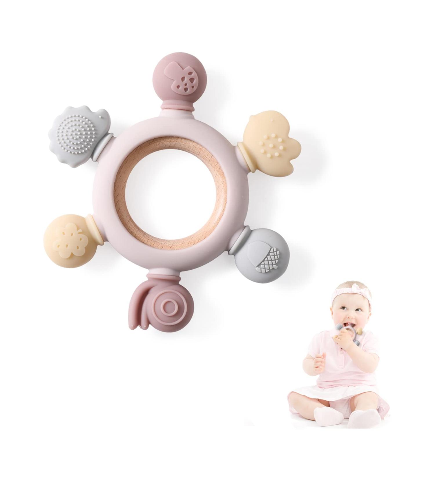 Bopoobo Silicone Rudder Teether Toy with Wooden Ring for Babies | Soothing Teething Toy for 3-12 Months | Montessori Baby Chew Toy (Pink) - Buy Online on GoSupps.com