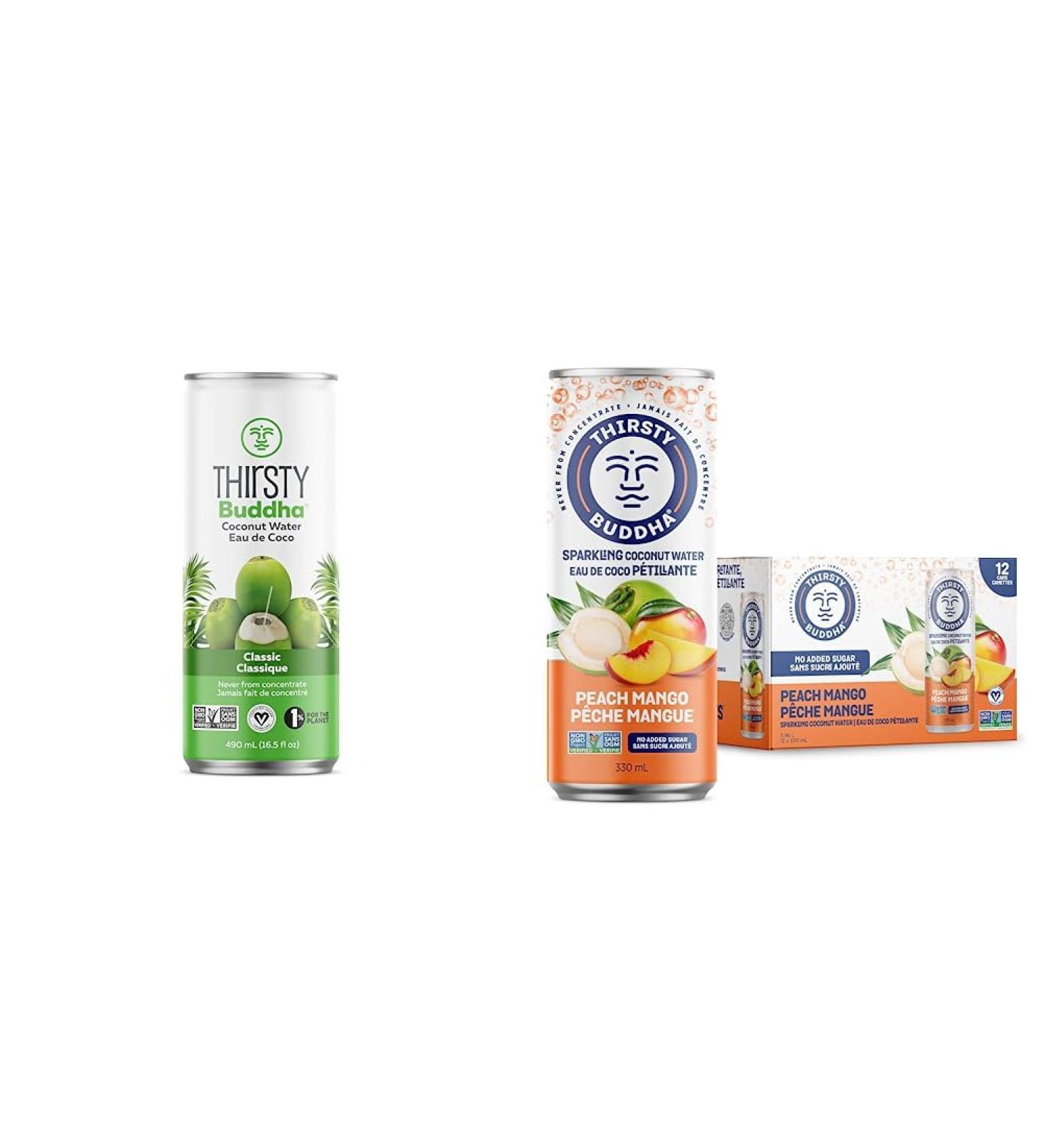 Thirsty Buddha All Natural Coconut Water 5.7kg (12/490ml) & Thirsty Buddha Sparkling Coconut Water 12 Count Peach Mango 12 x 330 ml - Buy Online on GoSupps.com