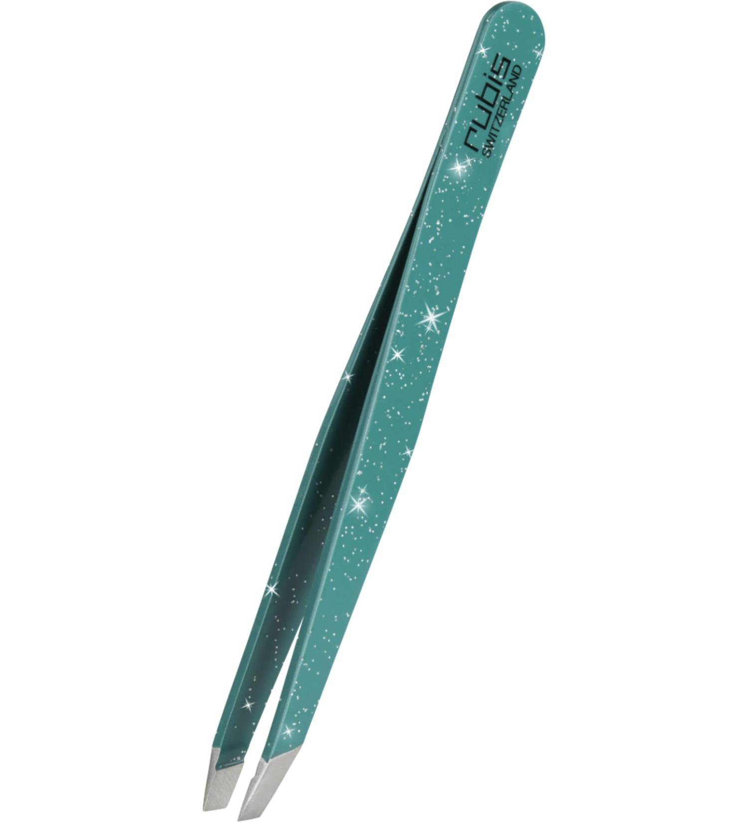 Rubis Switzerland Tweezers Slanted - Green Glitter - Professional Slant Plucking Tweezers for Eyebrow Shaping and Hair Removal