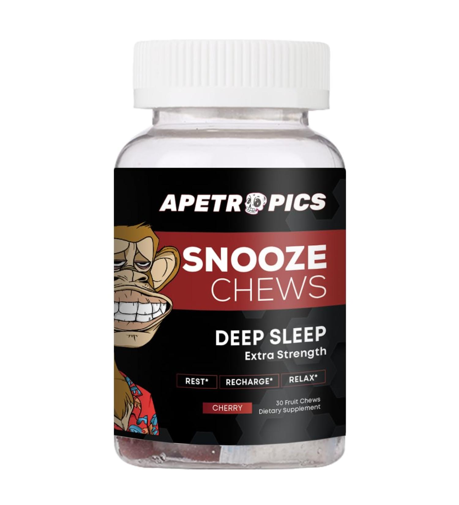 Apetropics Snooze Chews - Deep Sleep Gummy with L-Theanine Chamomile Melatonin Tart Cherry and Magnesium - Cherry Flavor 30 Count - Gluten-Free Vegan Non-GMO and Gelatin-Free - Buy Online on GoSupps.com