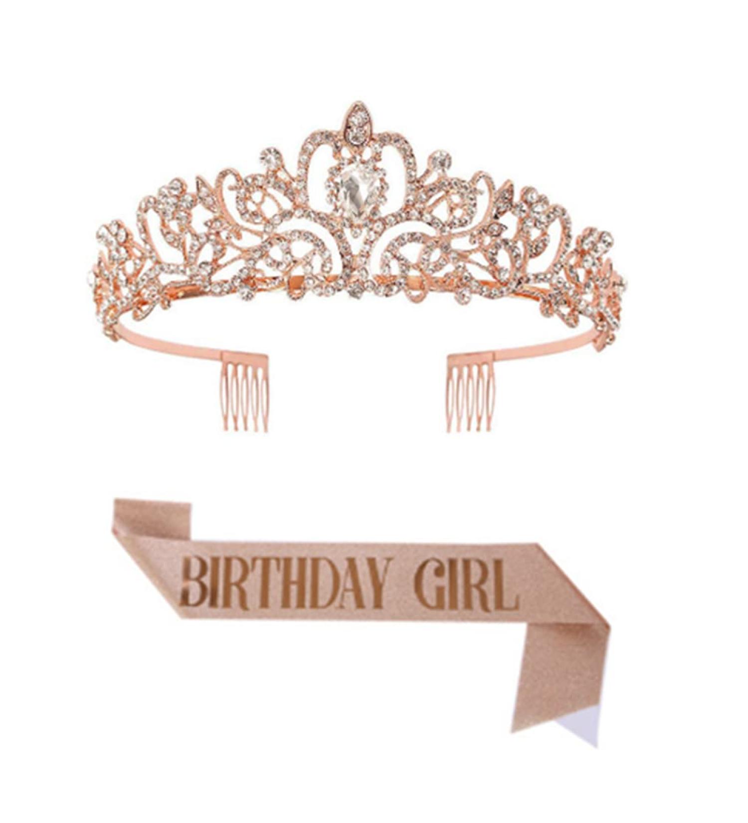 Birthday Queen Sash & Rhinestone Tiara Set - Rose Gold Bridal Crown Headpieces - Buy Online on GoSupps.com