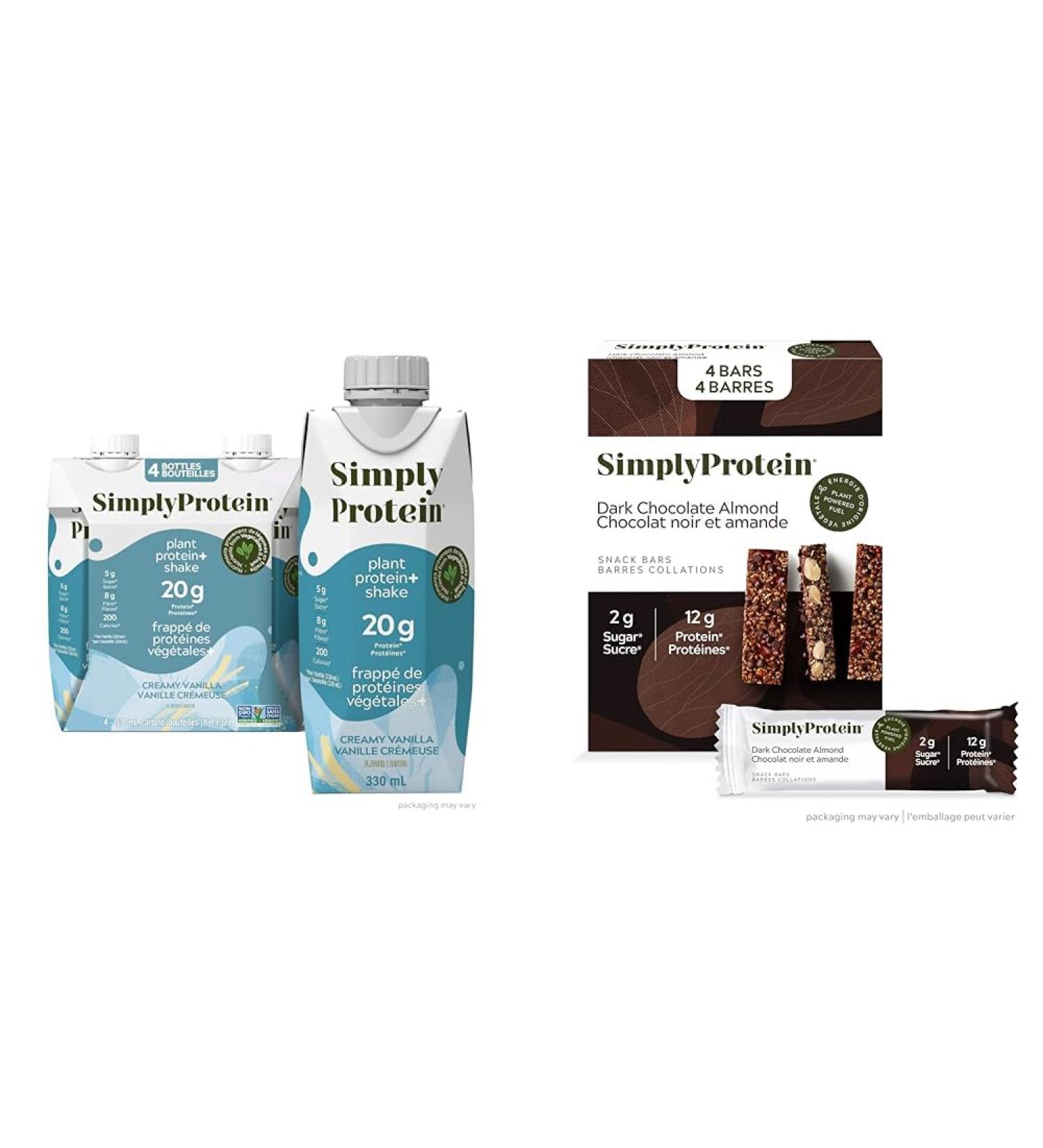 Simply Protein Ready-To-Drink Vanilla Plant Protein Shake 330mL Bottle Pack of 4 High Protein Low Sugar & Dark Chocolate Almond Protein Bars Gluten Free Vegan High Protein Snacks 4 Ct - Buy Online on GoSupps.com