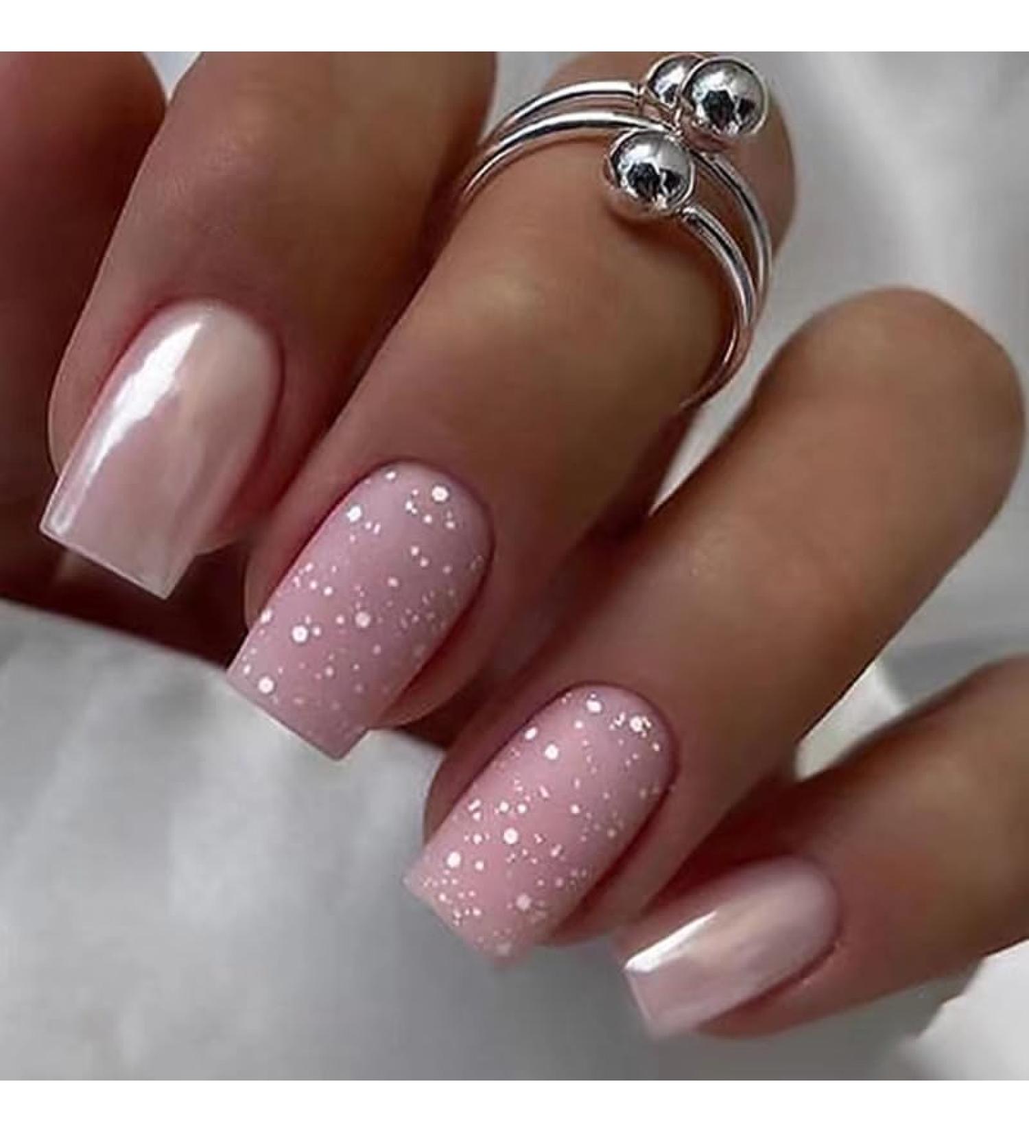 Justotry 24 pieces silver angular nails to stick out short glitter press on nails glossy pink artificial nails fake nails for nails art beautiful square French artificial nails for women silver & pink2