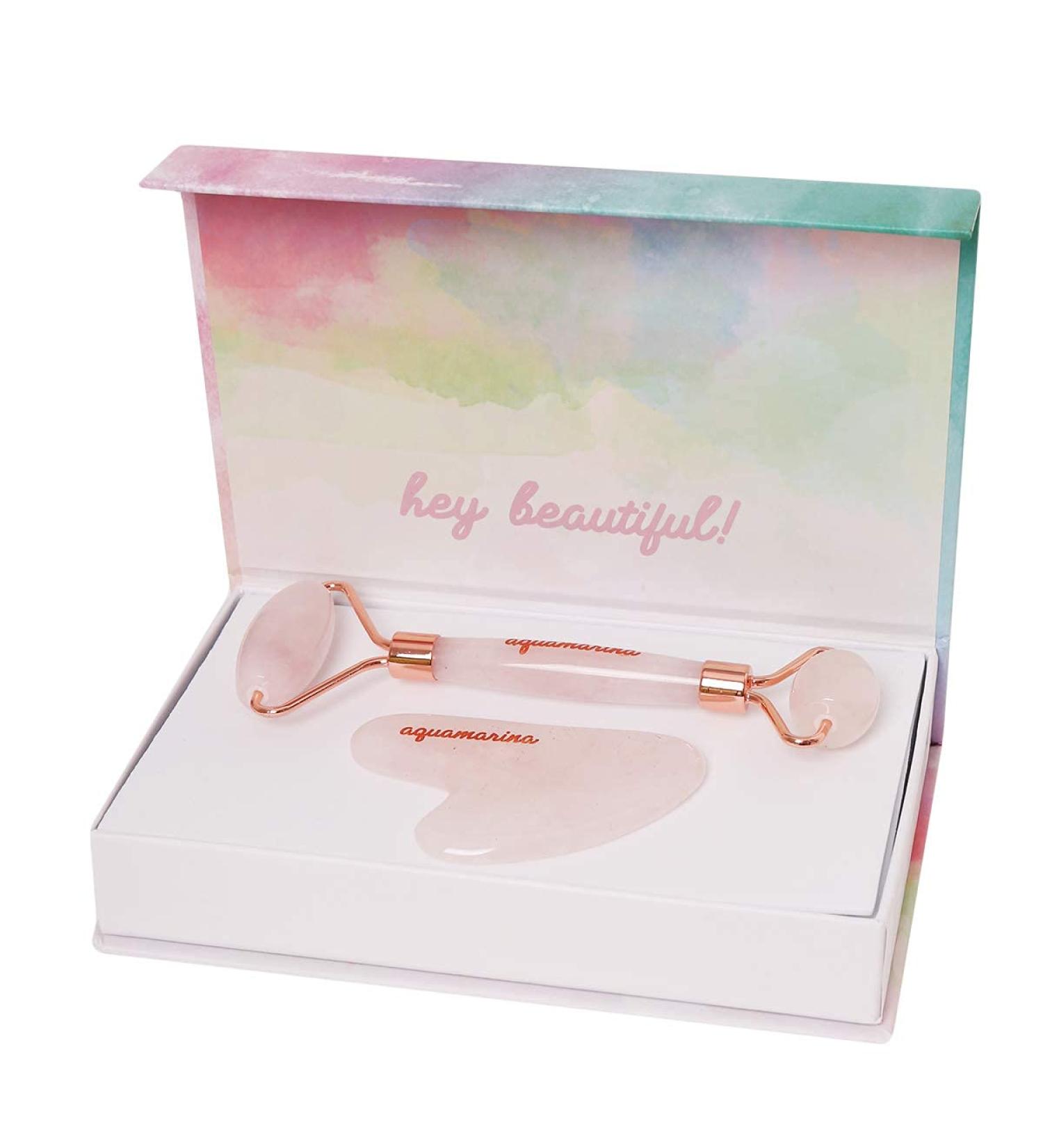 Aquamarina Beauty Rose Quartz Roller and Gua Sha Set - Buy Online on GoSupps.com