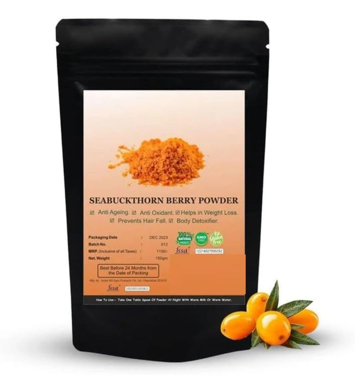 Sea Buckthorn Berry Powder - 150g (Pack of 2) | Freeze-Dried | Pure & Natural | No Additives | Rich Colour and Taste - Buy Online on GoSupps.com