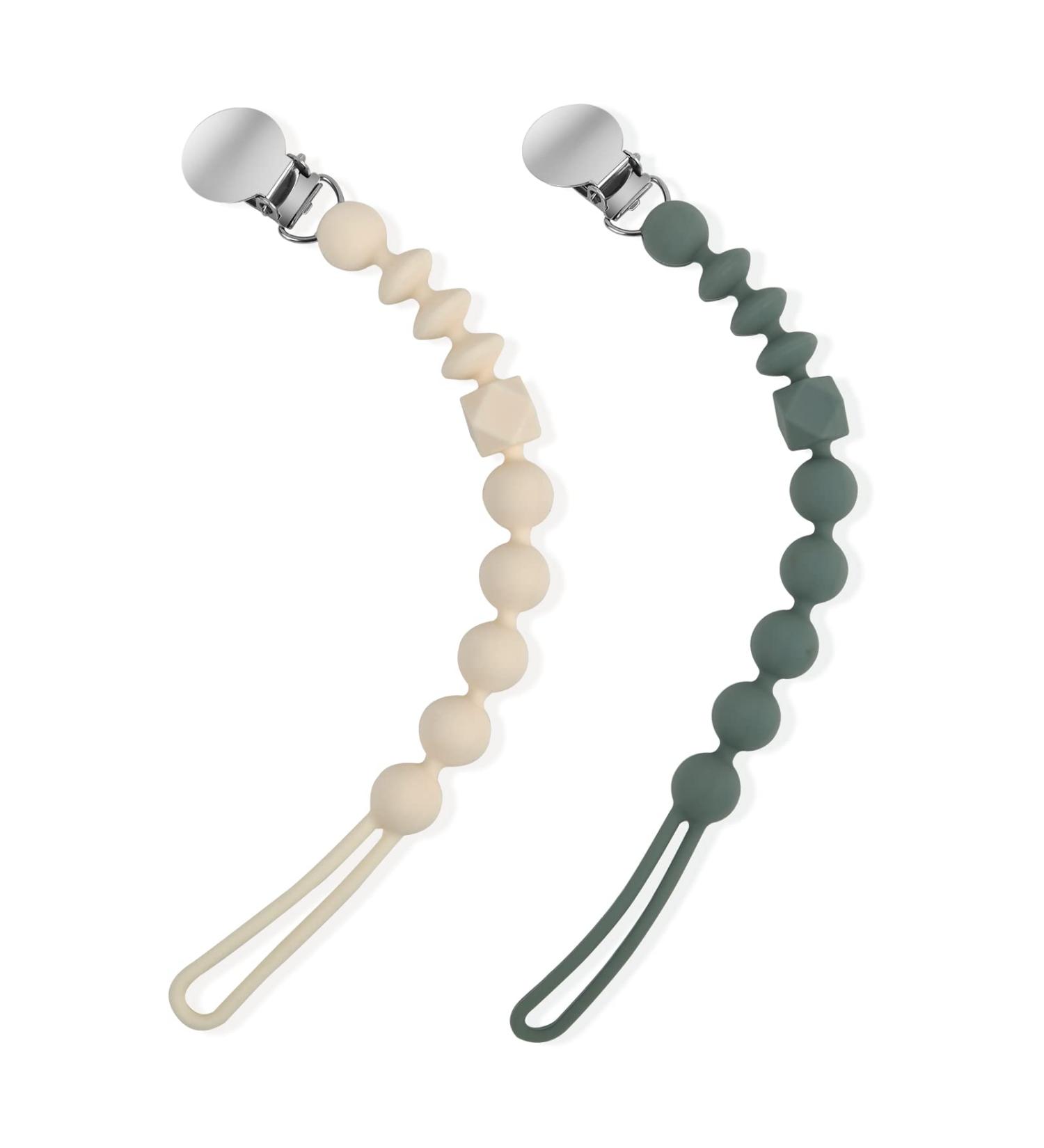 Sage Cream White Silicone Pacifier Clip Holder Set - 2 Pack | Soft & Flexible Binky Clips for Boys & Girls - Baby Newborn Essentials, Birthday Christmas Shower Gift - Buy Online on GoSupps.com