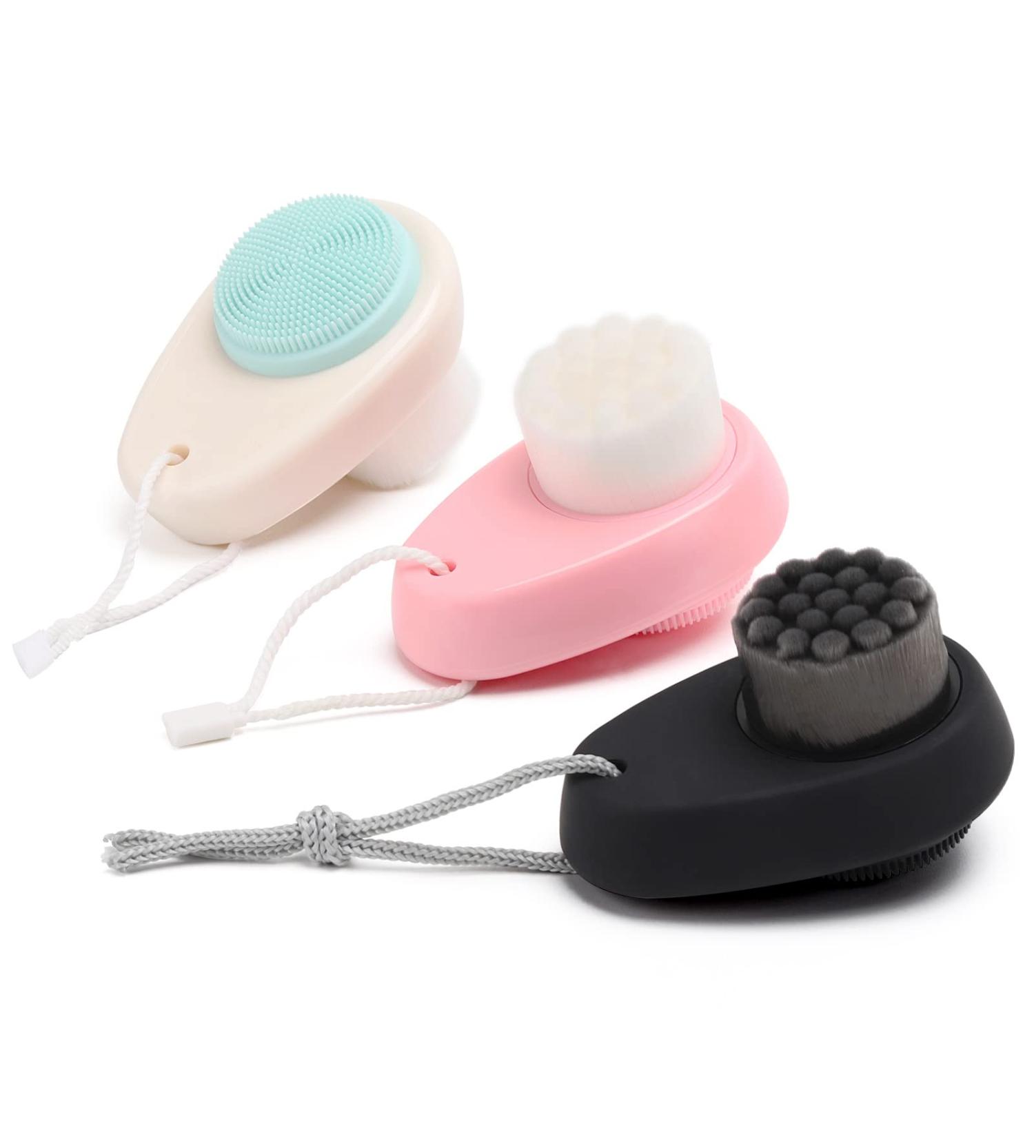 3PCS Facial Cleansing Brushes - 2 in 1 Silicone Scrubber & Soft Bristle Brush Set for Deep Skin Cleansing - Black, Pink, Green - Buy Online on GoSupps.com