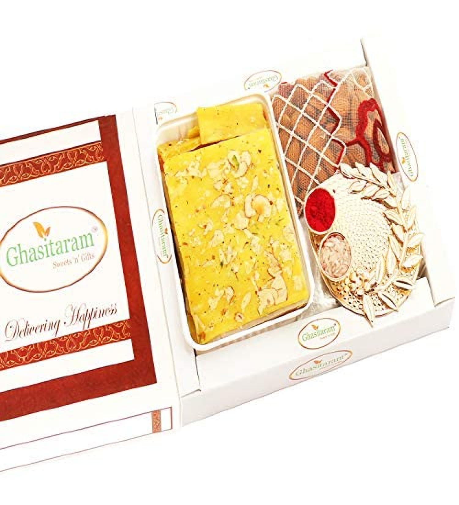 Ghasitaram Gifts Bhaidooj Gifts Bhaidooj Sweet - Ice halwa Pooja Thali and Almonds Pouch - Buy Online on GoSupps.com