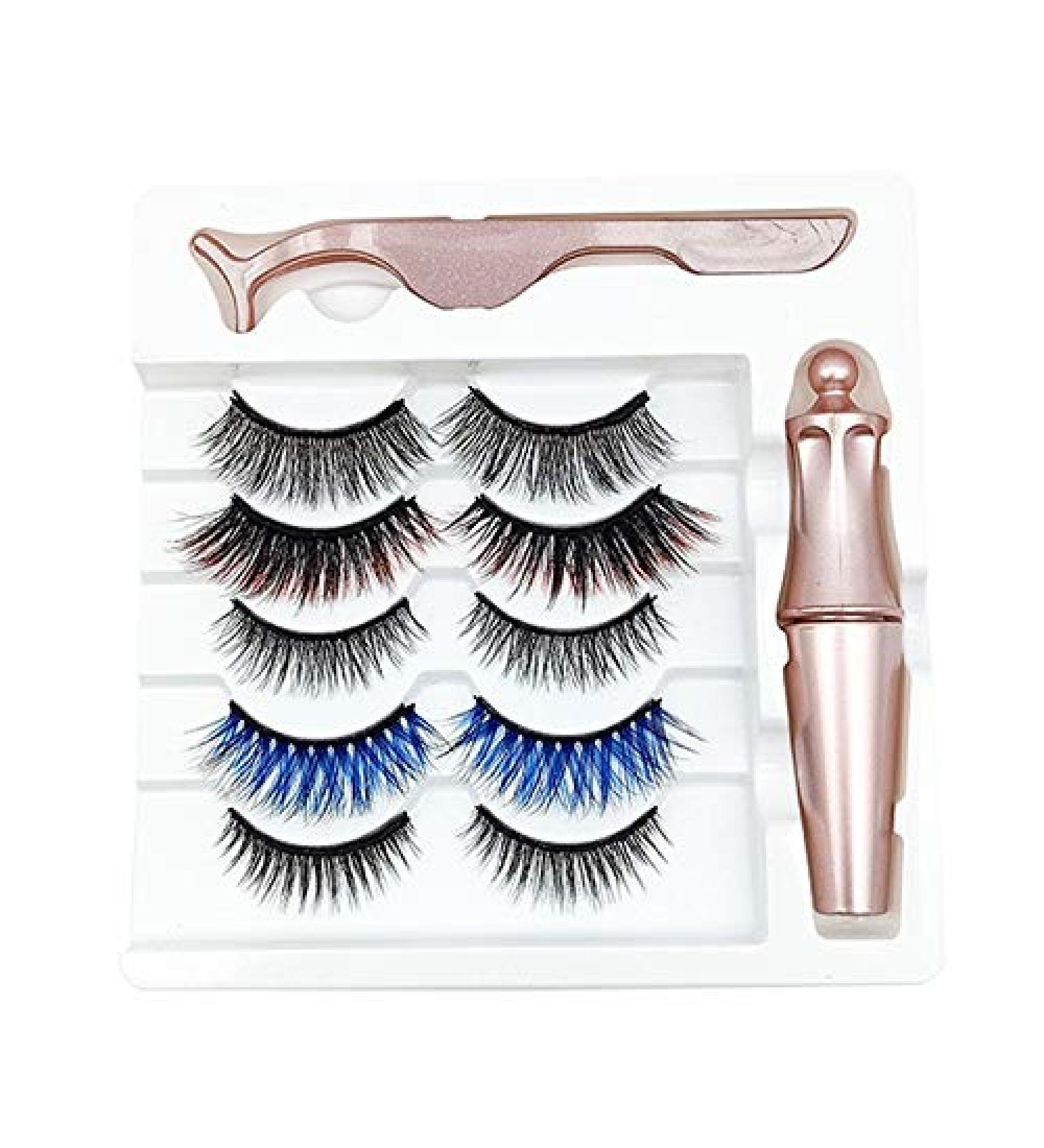 FUWIND 5 Pairs of Mixed Style Color Magnetic False Eyelashes Waterproof Eyeliner Tweezers Set Thick Magnetic False Eyelashes - Buy Online on GoSupps.com