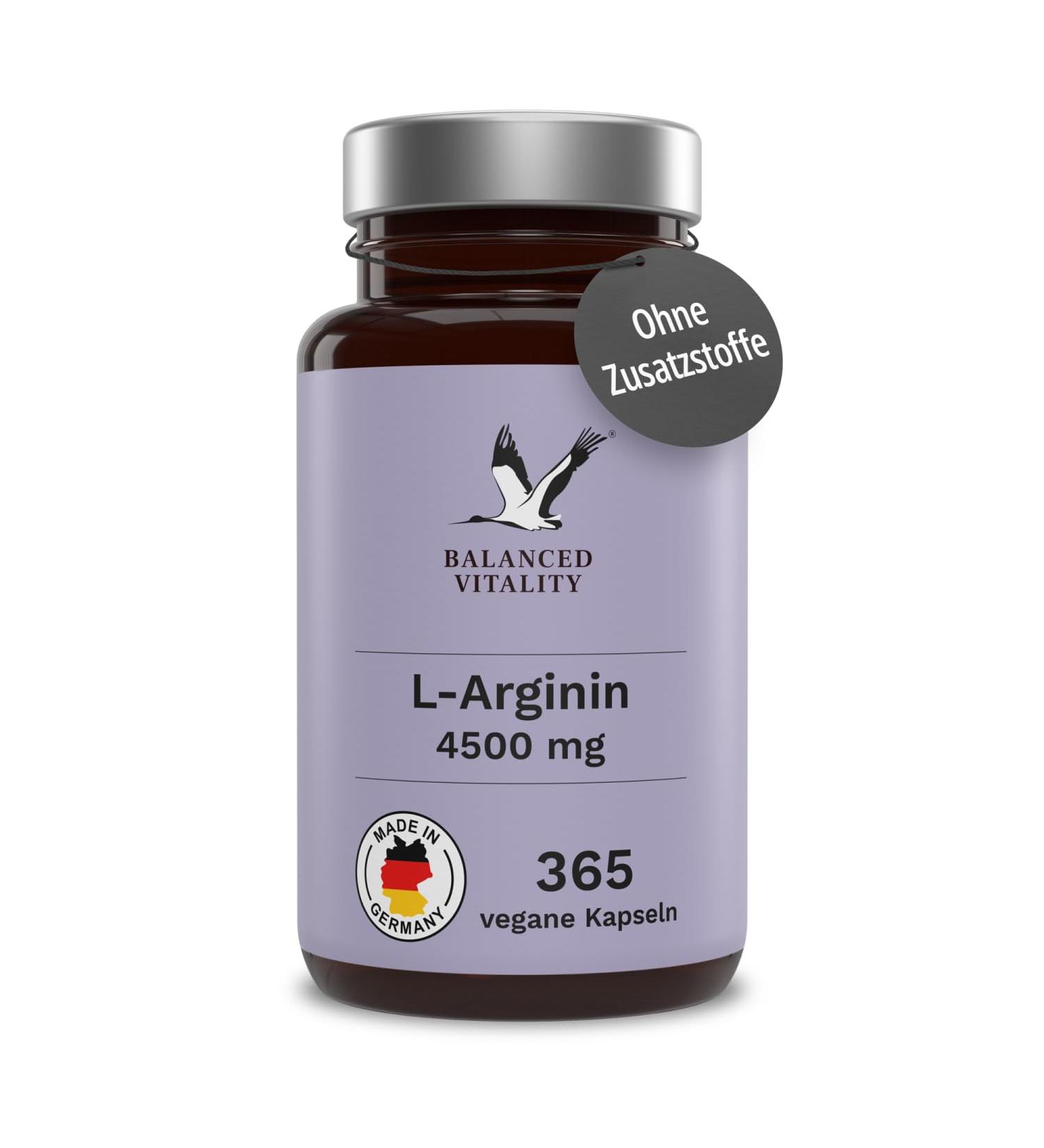 L-Arginine Capsules 4500 mg HCL - 3744 mg Daily Dose - 365 Vegan Capsules - Pure & Additive-Free - Laboratory Tested - Made in Germany for Balanced Vitality - Buy Online on GoSupps.com