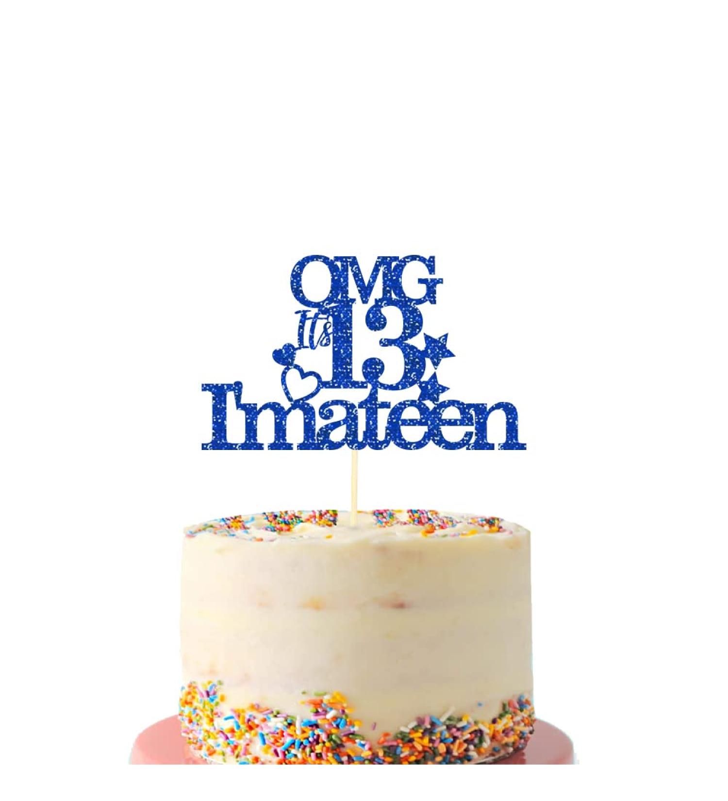 13th Birthday Cake Topper Blue Glittery 'OMG It's 13 I'ma Teen' Official Teenager 13th Birthday Cake Topper for Boys Girls 13 Years Old Birthday Party Decorations (Blue)