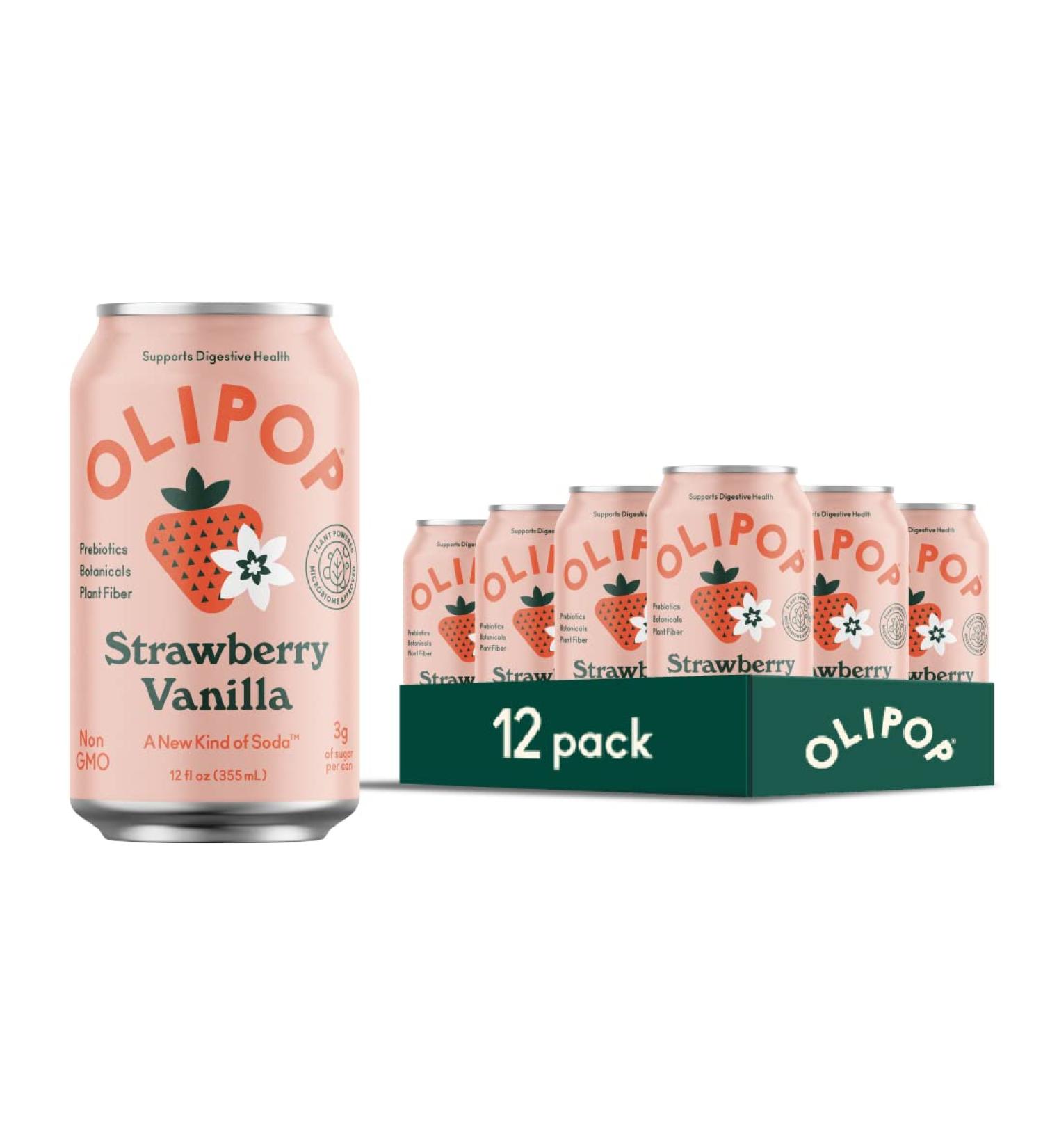 OLIPOP Strawberry Vanilla Sparkling Tonic 12oz 12-Pack | Prebiotic Soft Drink with 9g Plant Fiber | Caffeine-Free & Low Calorie Soda for Digestive Health - Buy Online on GoSupps.com