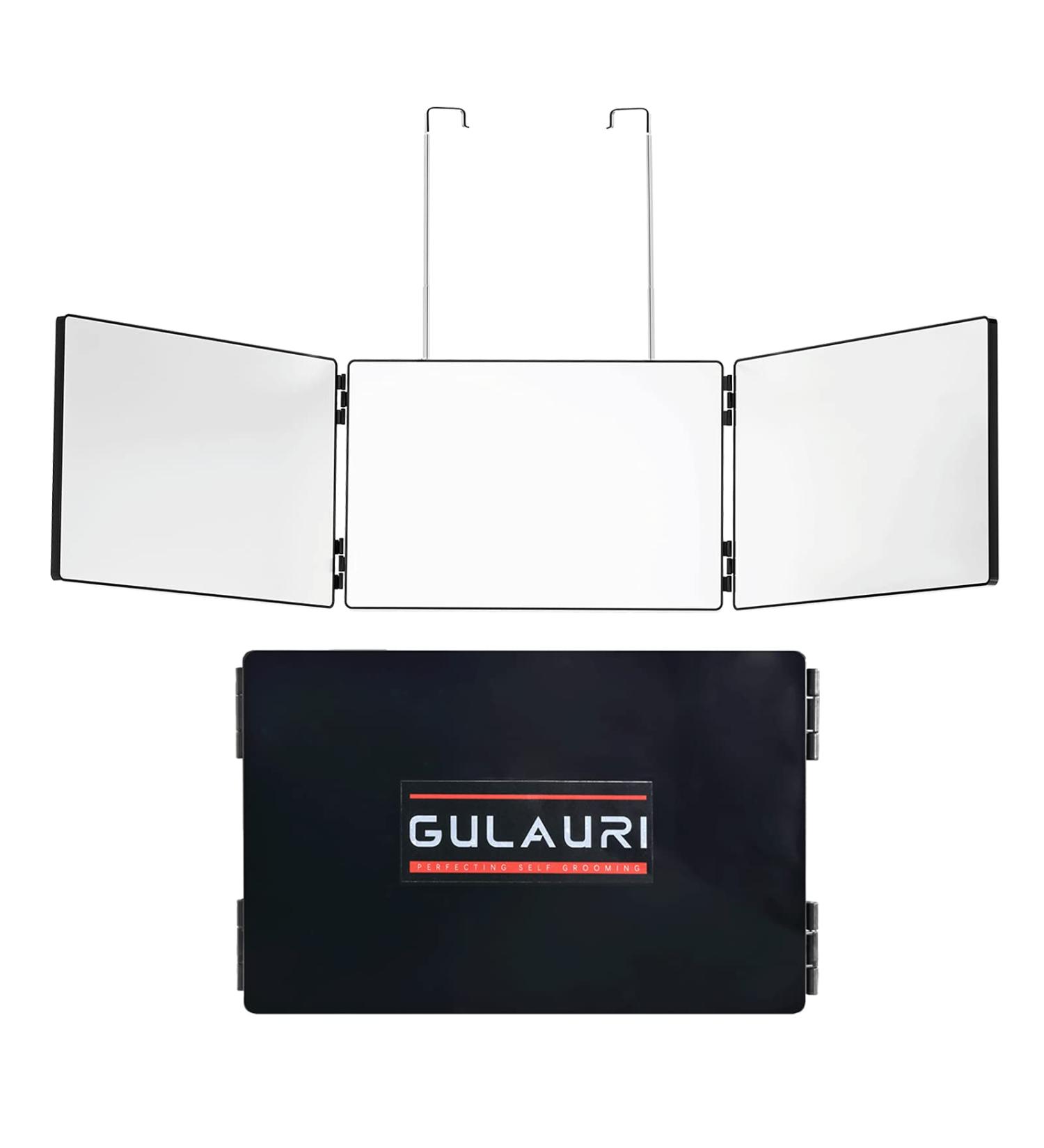 GULAURI 3 Way Hair Cutting Mirror - Portable Trifold Mirror for Self Haircut and Styling | Adjustable Telescoping Hooks | Perfect for Shaving Head and Neckline at Home | Travel Friendly - Black - Buy Online on GoSupps.com