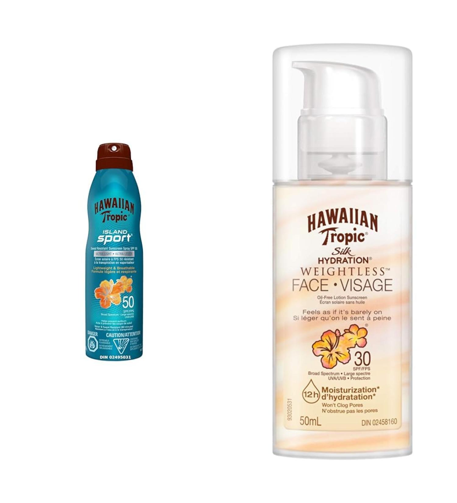 Hawaiian Tropic Island Sport Ultra-light Sport Sunscreen Spray SPF 50 Broad Spectrum Protection 170g & Silk hydration weightless oil-free face sunscreen lotion SPF 30 50ml - Buy Online on GoSupps.com