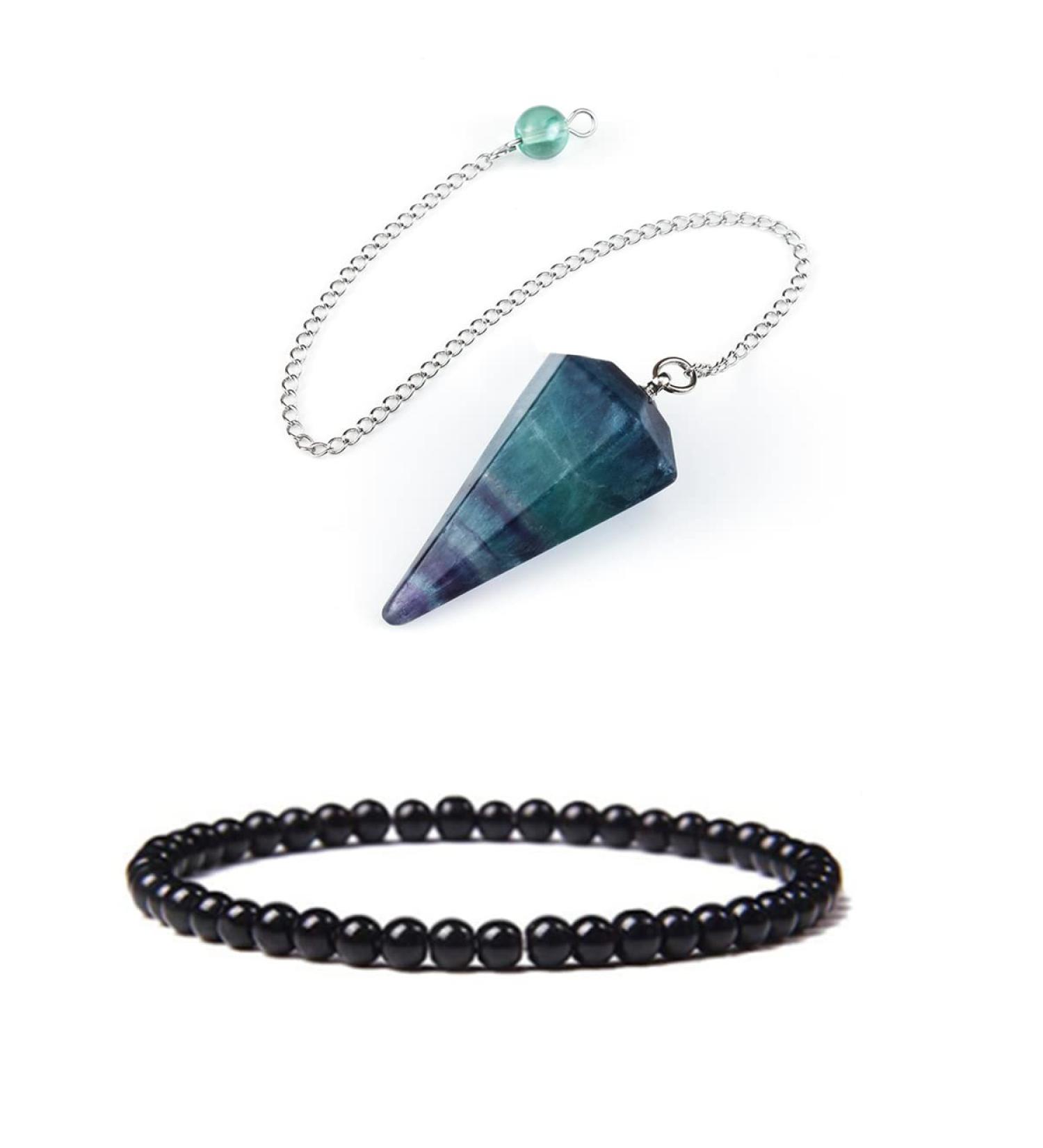 Soulnioi Black Agate Gemstone Beaded Bracelet + Fluorite Hexagonal Pendulum Pointed Pendant Set for Yoga Meditation and Reiki Chakra Energy - Buy Online on GoSupps.com