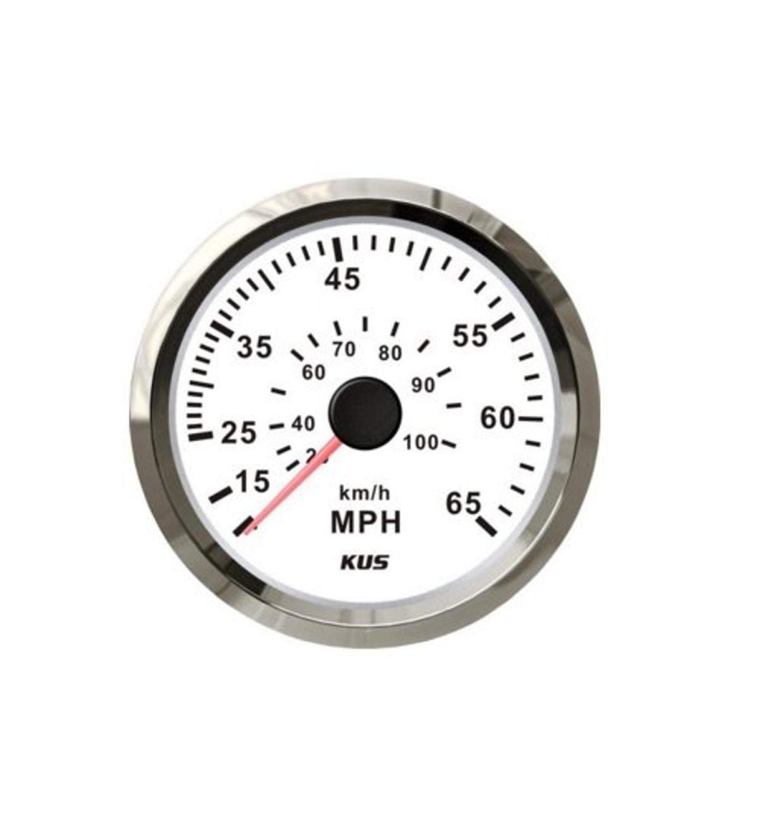 KUS CPOB-WS, 65K, Speedometer Gauge, 12V / 24V, 3 3/8" (85mm) with Backlight White Stainless Steel