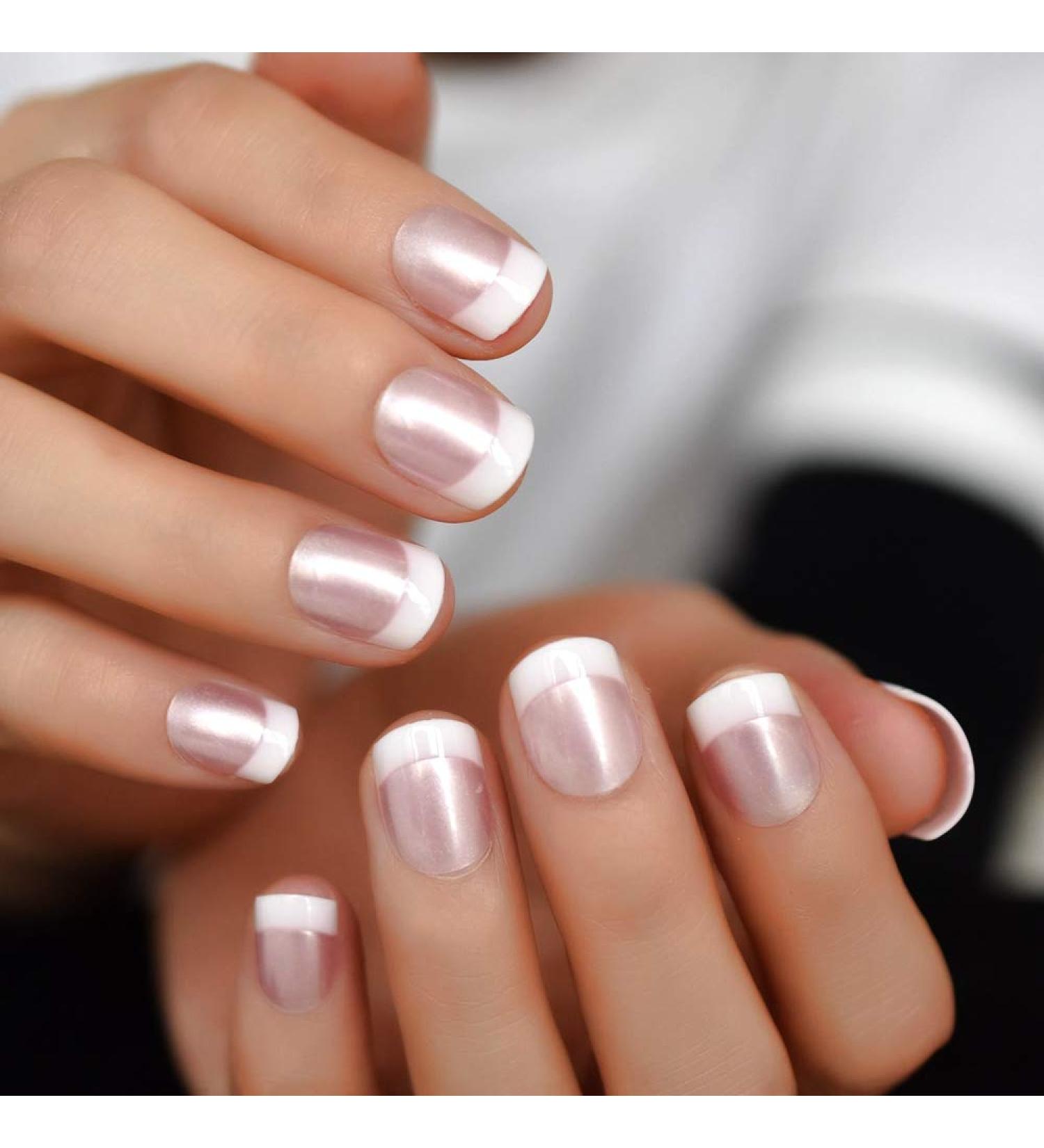 Pink French Fake Nails - Short Glossy Satin Finish with Adhesive Tabs - Buy Online on GoSupps.com