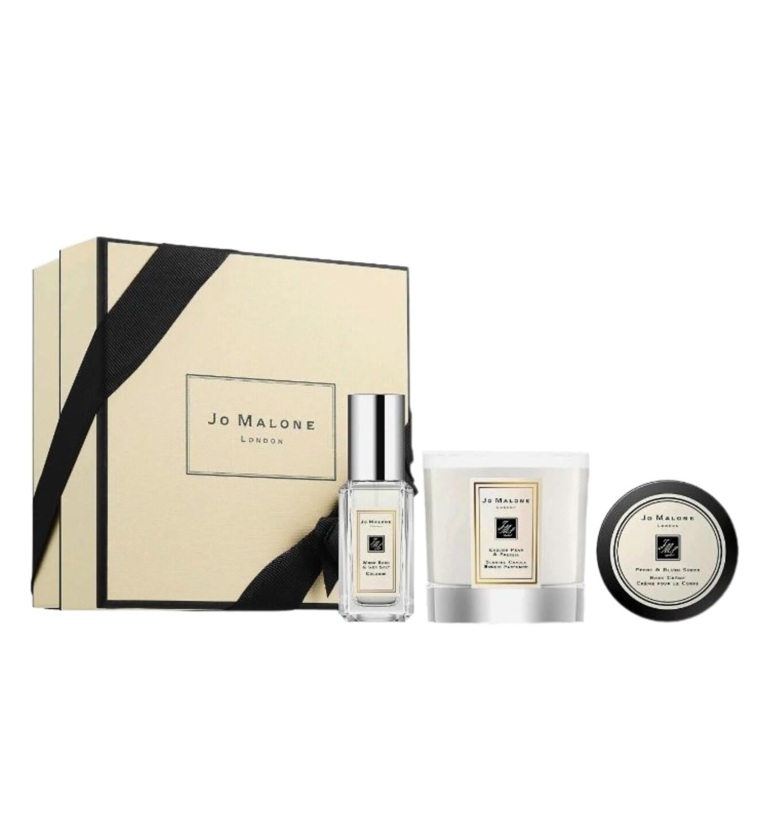Jo Malone London Mini Luxuries Collection 3 Piece Gift Set - Wood Sage & Sea Salt Cologne - English Pear & Freesia Candle - Peony & Blush Suede Body Creme - Travel Size