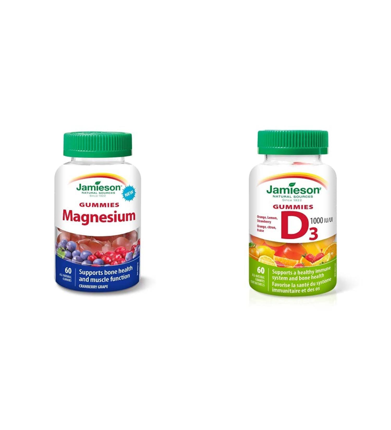 Jamieson Magnesium Gummies (Cranberry Grape Flavour) and Vitamin D3 1 000 IU Gummies (Orange Strawberry Lemon Flavour) | 60 Count Each - Buy Online on GoSupps.com
