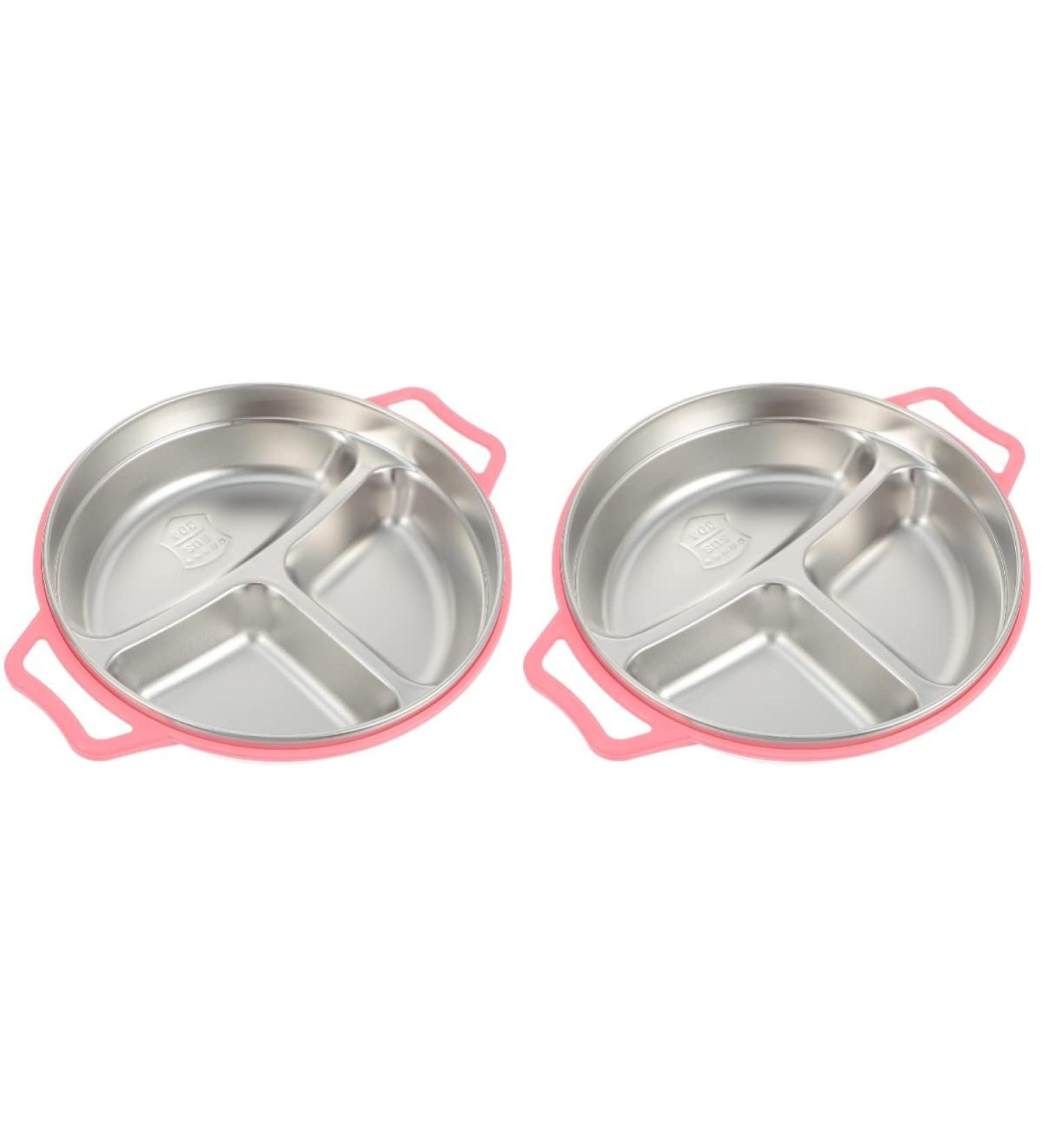Ser of 2 Stainless Steel Divided Children Food Plate Kids Food Plate Children Dinner Plate Plate for Toddlers Kitchenware Pink - Buy Online on GoSupps.com